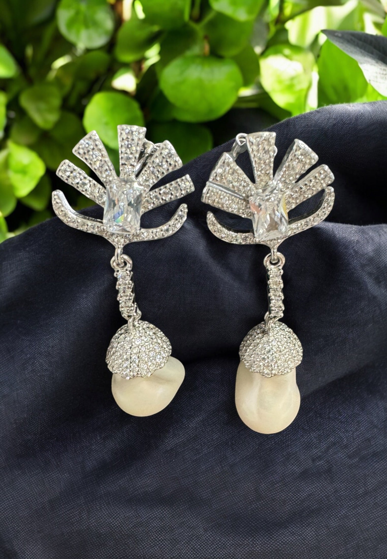 Baroque Pearl Palm Leaf Drop Earrings Silver