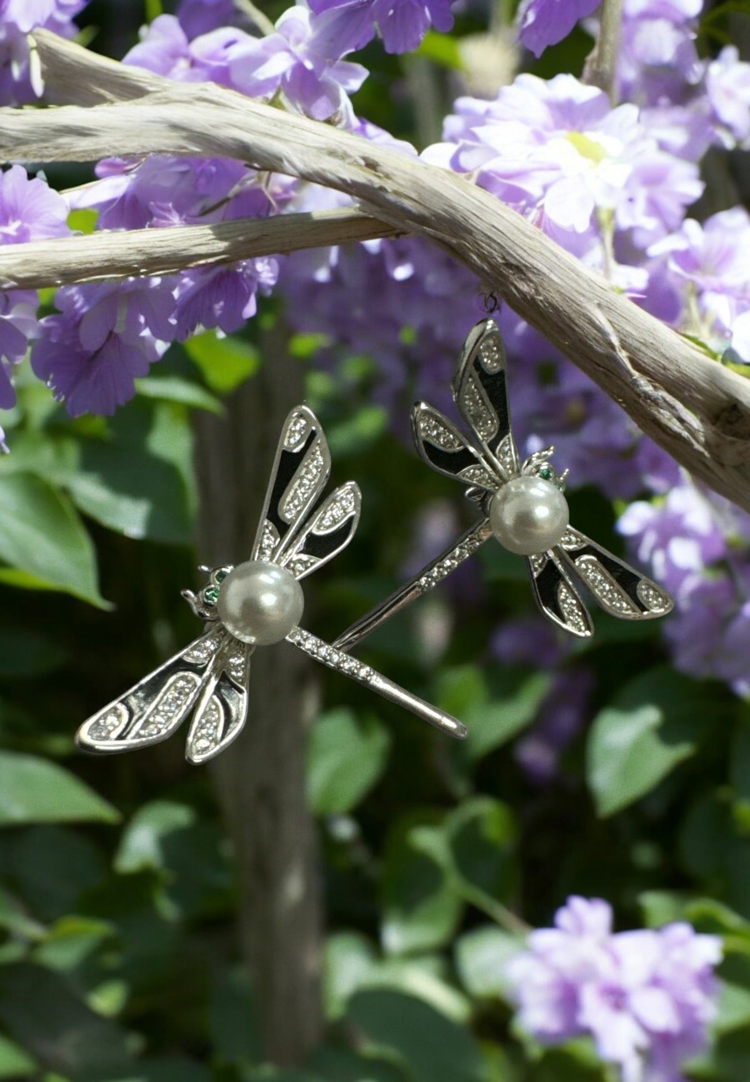 Dragonfly Pearl And Enamel Stud Earrings Silver