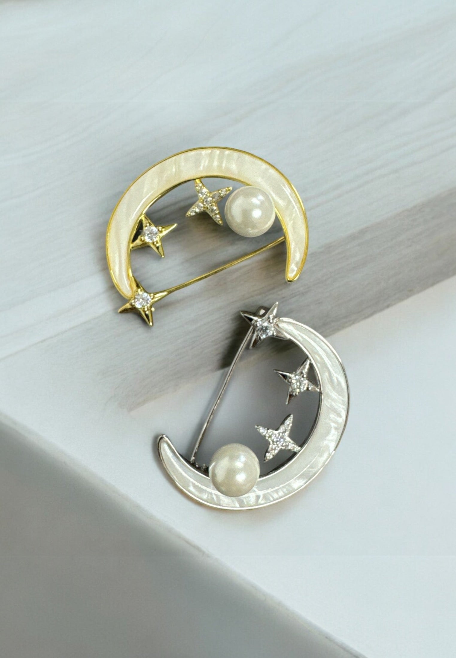 Galileo Mother Of Pearl Moon & Star Brooch Silver