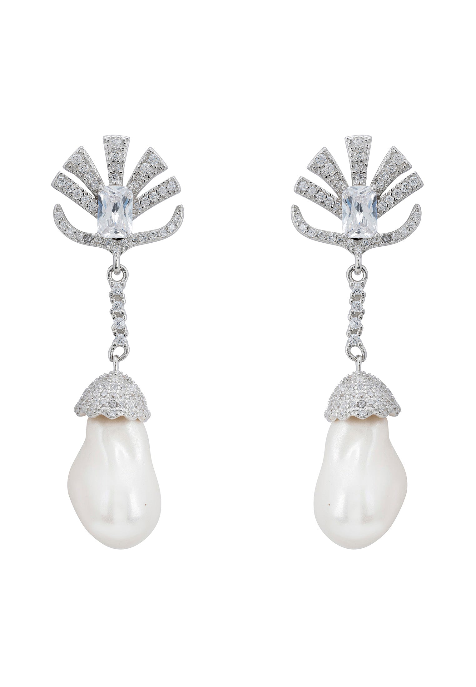 Baroque Pearl Palm Leaf Drop Earrings Silver