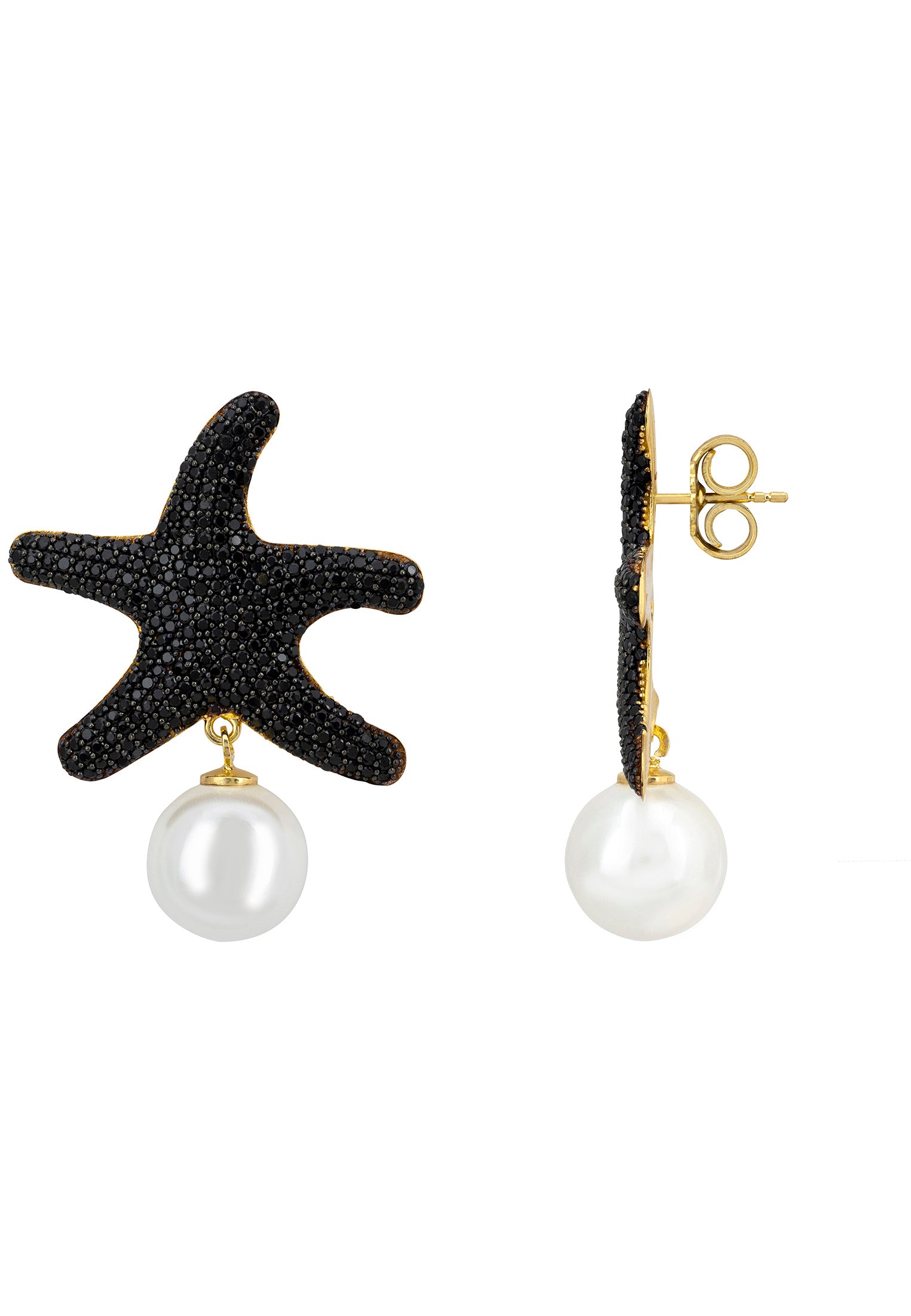 Starfish Pearl Drop Earrings Black Gold