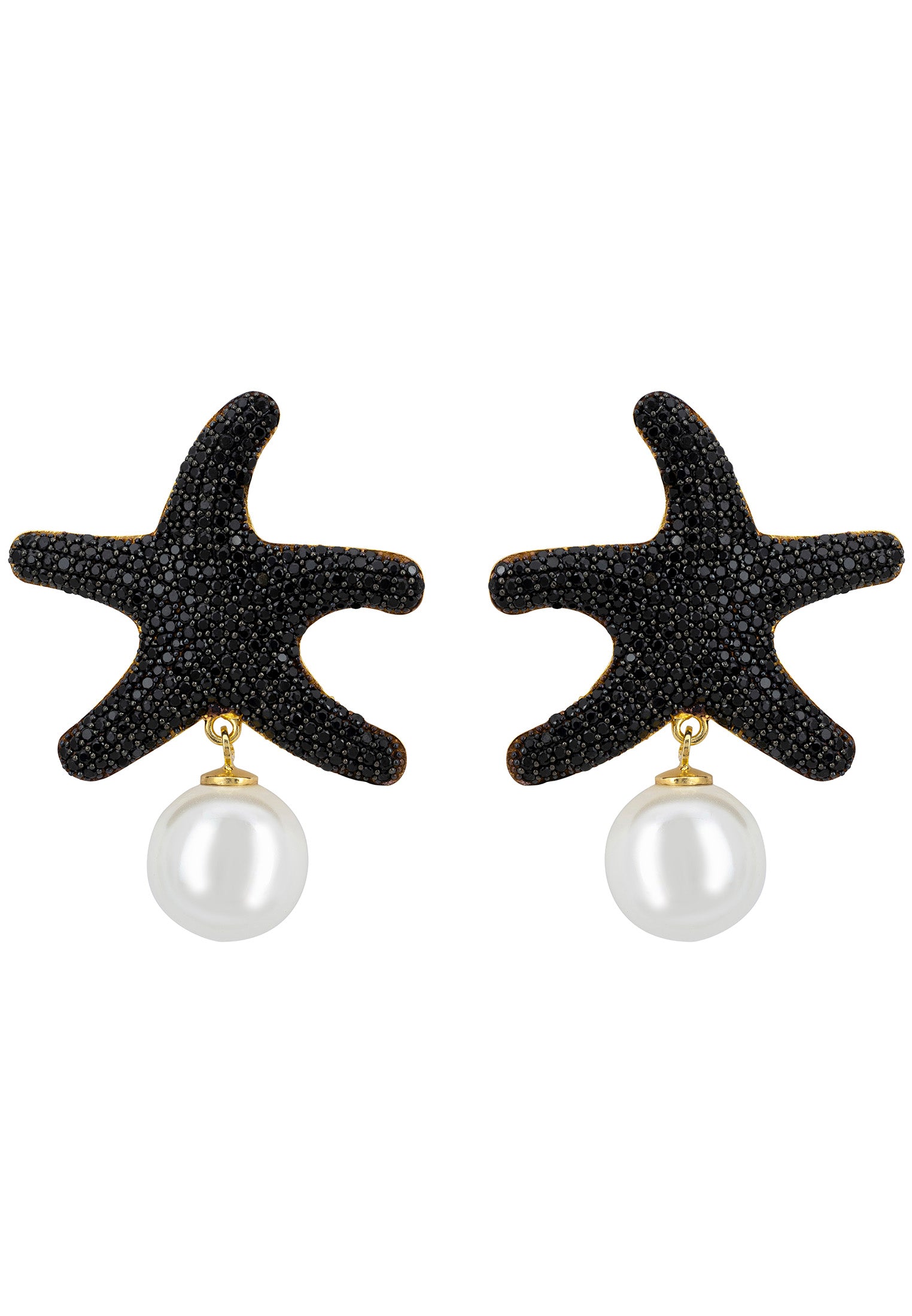 Starfish Pearl Drop Earrings Black Gold