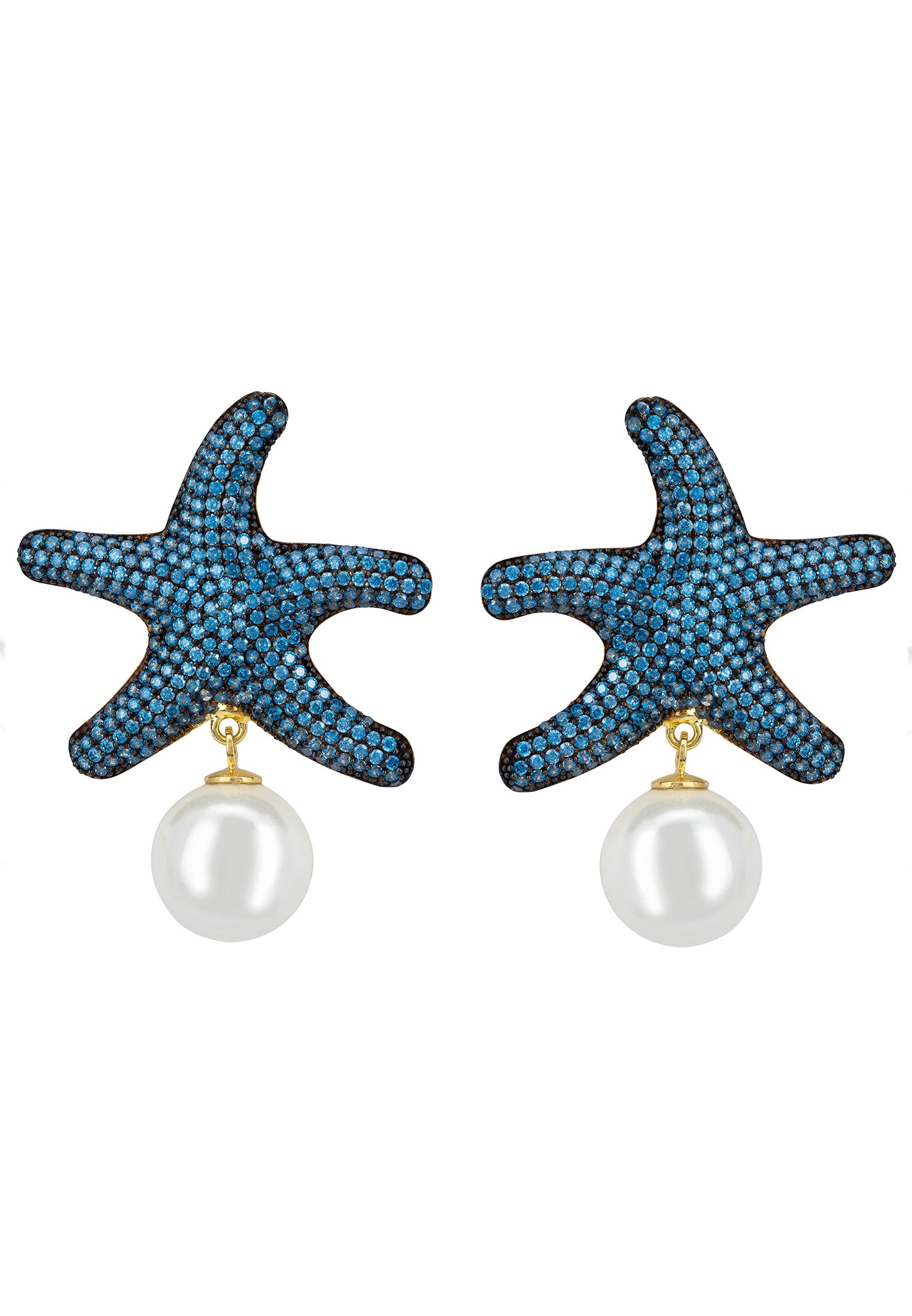 Starfish Pearl Drop Earrings Blue Topaz Cz Gold