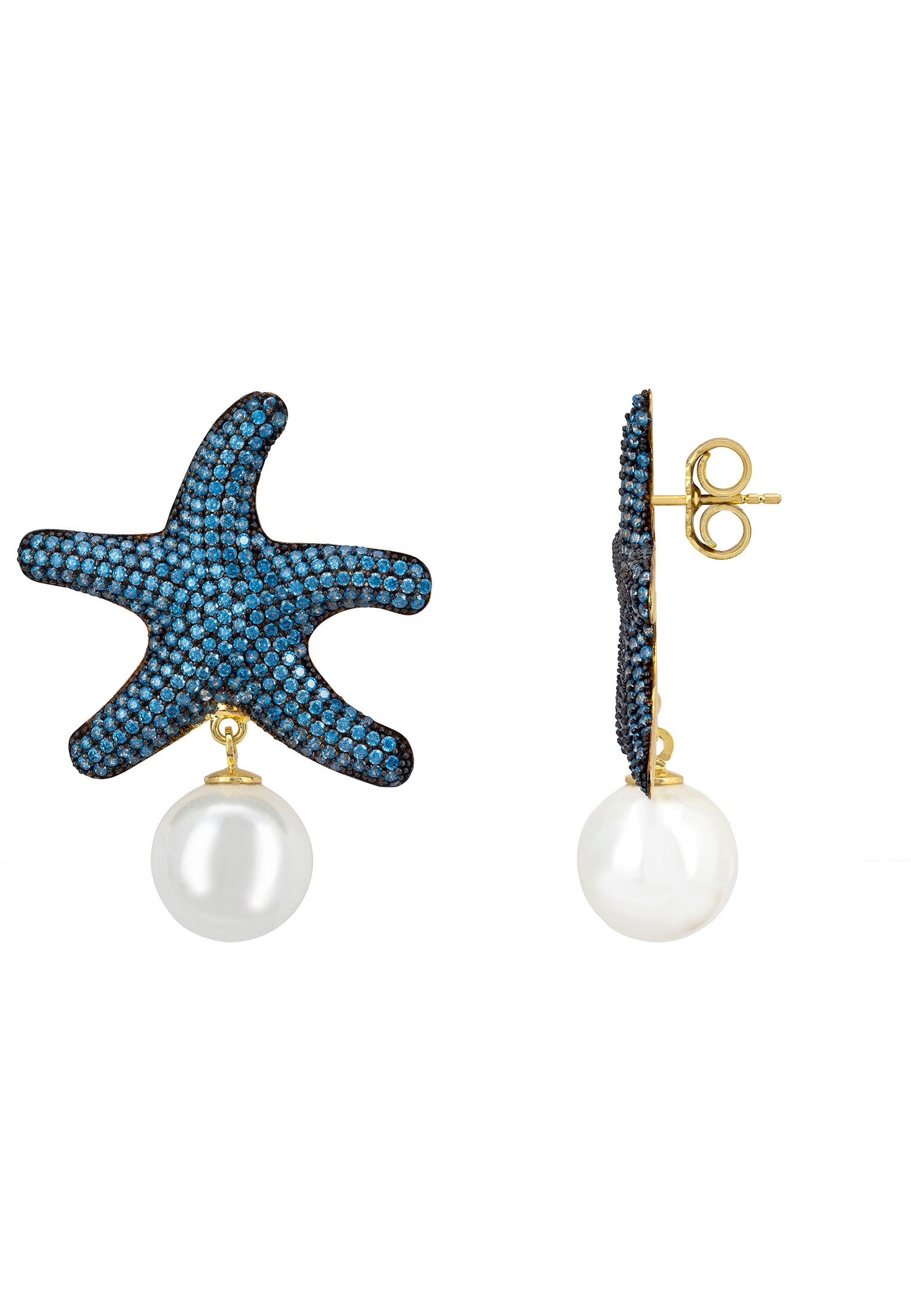 Starfish Pearl Drop Earrings Blue Topaz Cz Gold