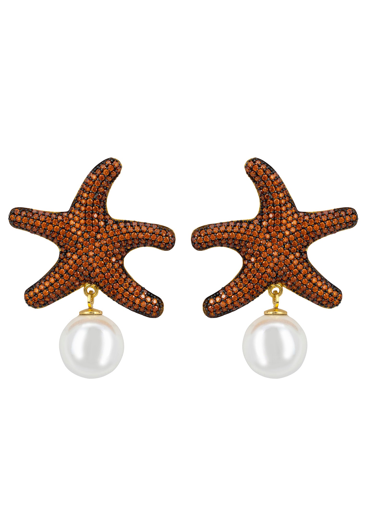 Starfish Pearl Drop Earrings Burnt Orange Gold