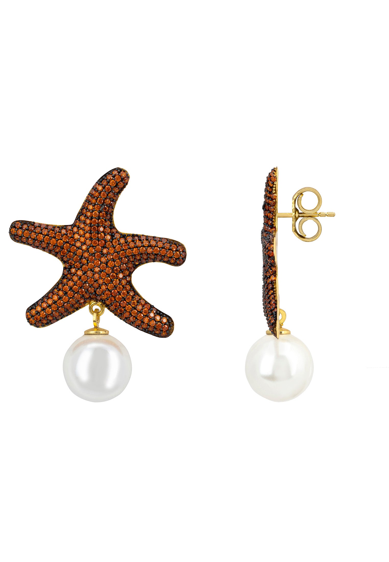 Starfish Pearl Drop Earrings Burnt Orange Gold