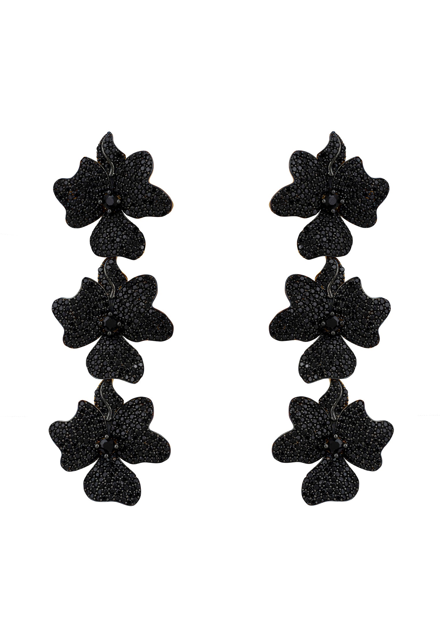 Jasmine Flower Triple Drop Earrings Gold Black