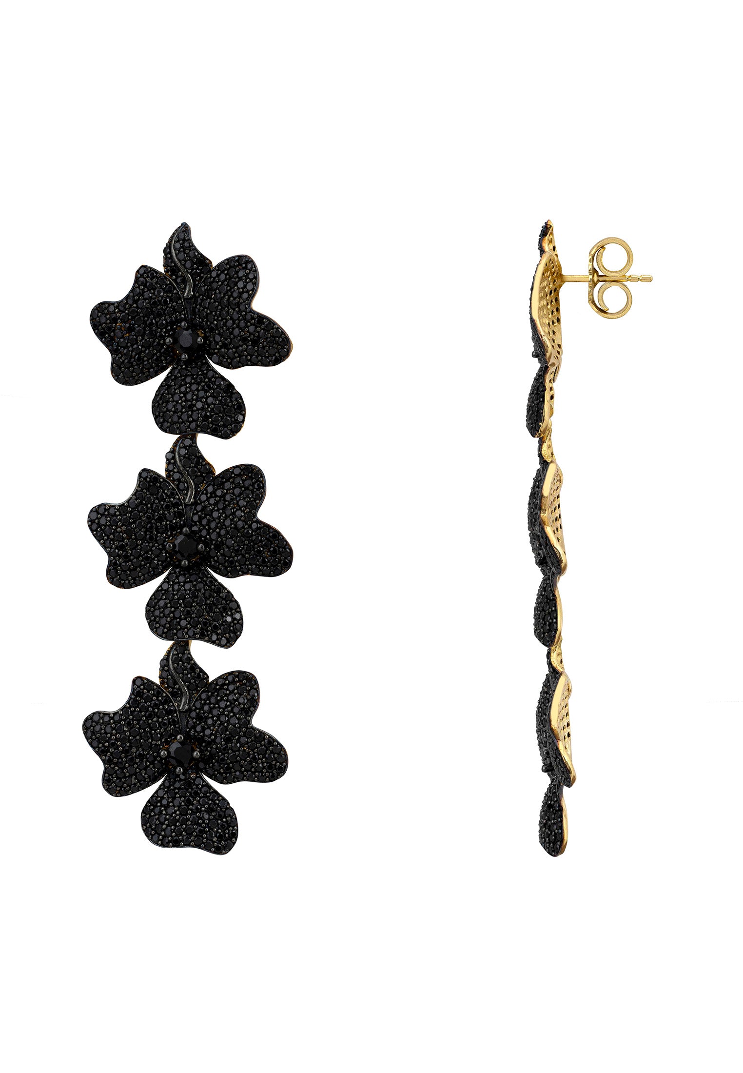 Jasmine Flower Triple Drop Earrings Gold Black