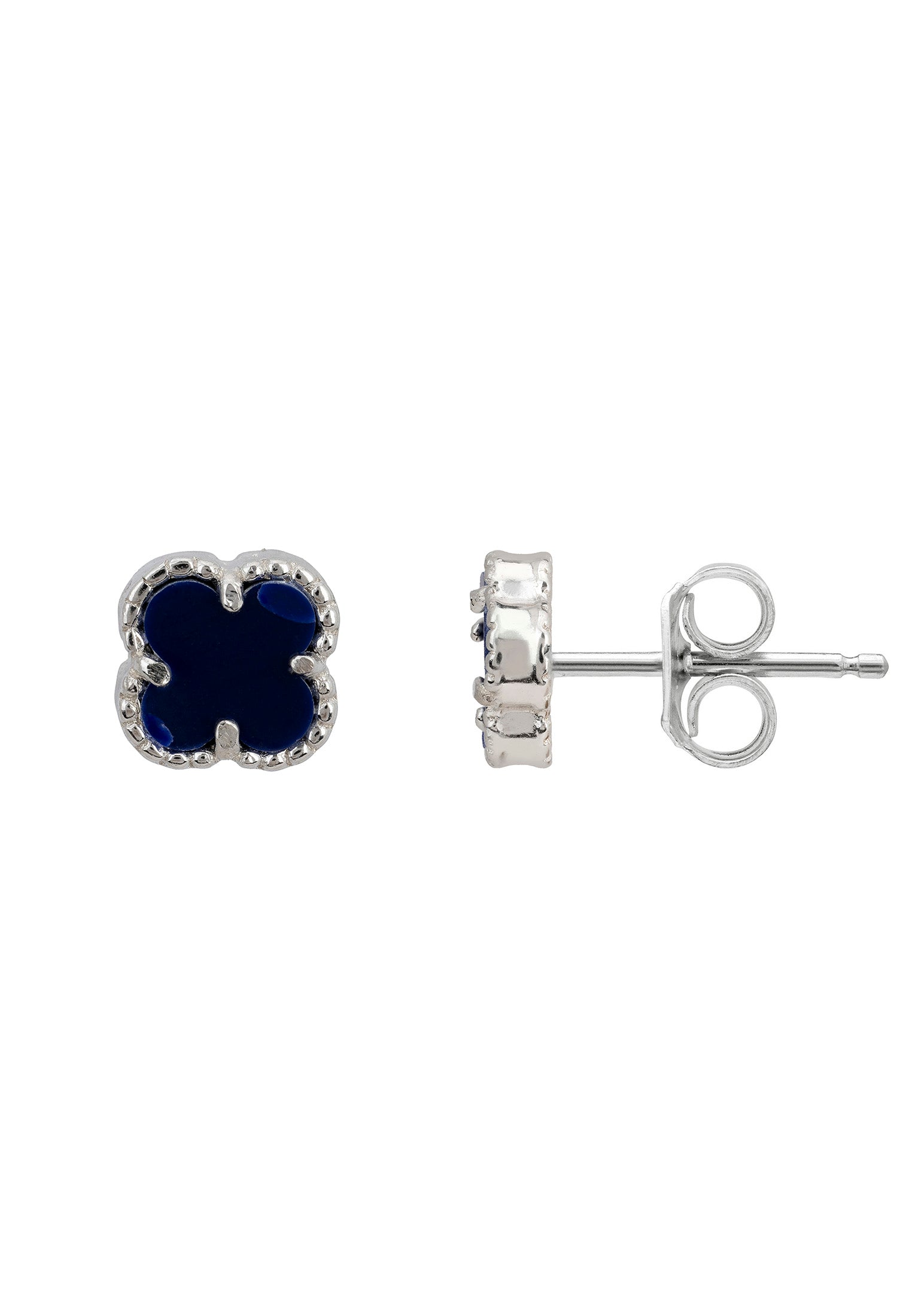 Mini Clover Flower Stud Earrings Lapis Lazuli Silver