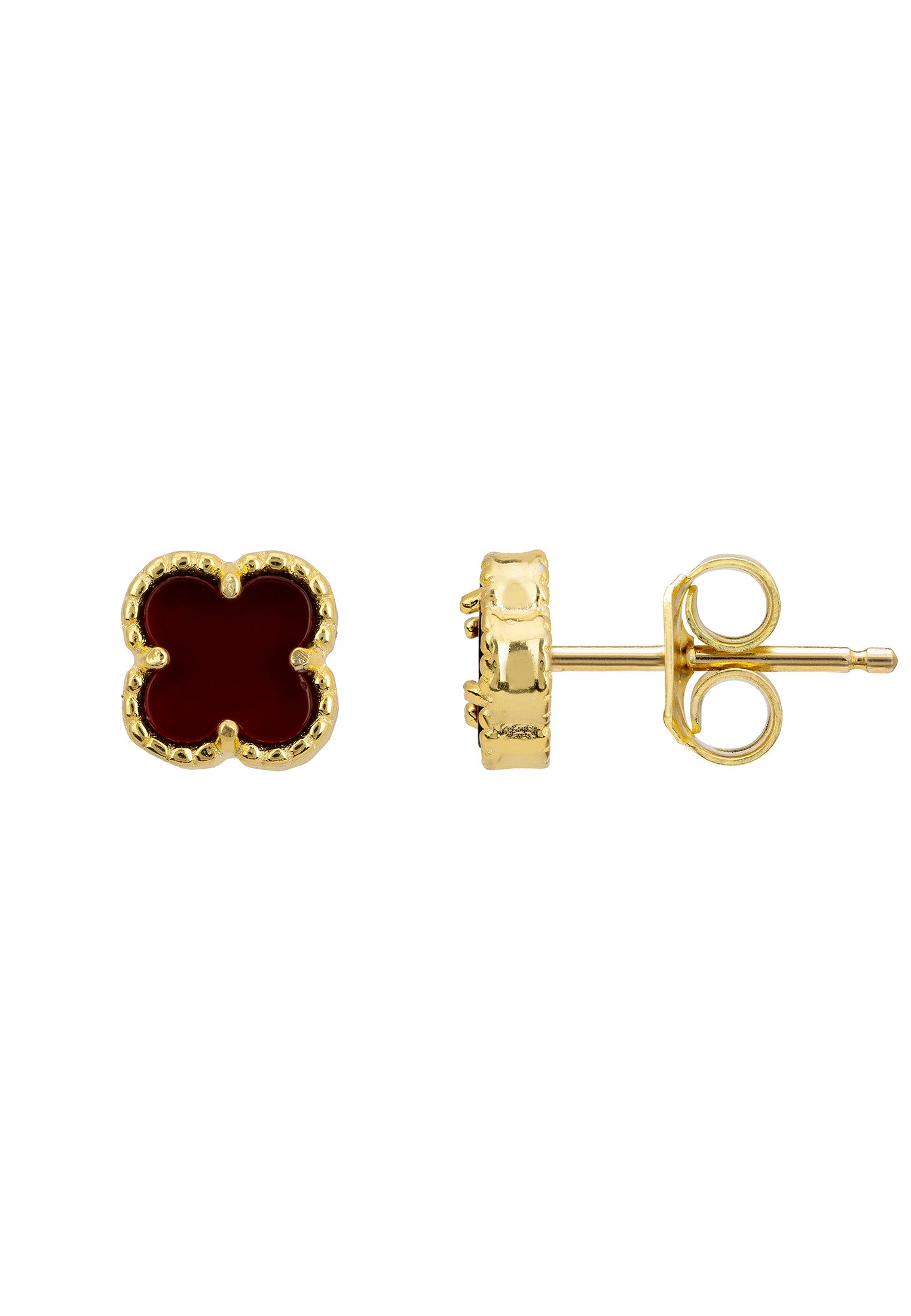 Mini Clover Flower Stud Earrings Carnelian Gold