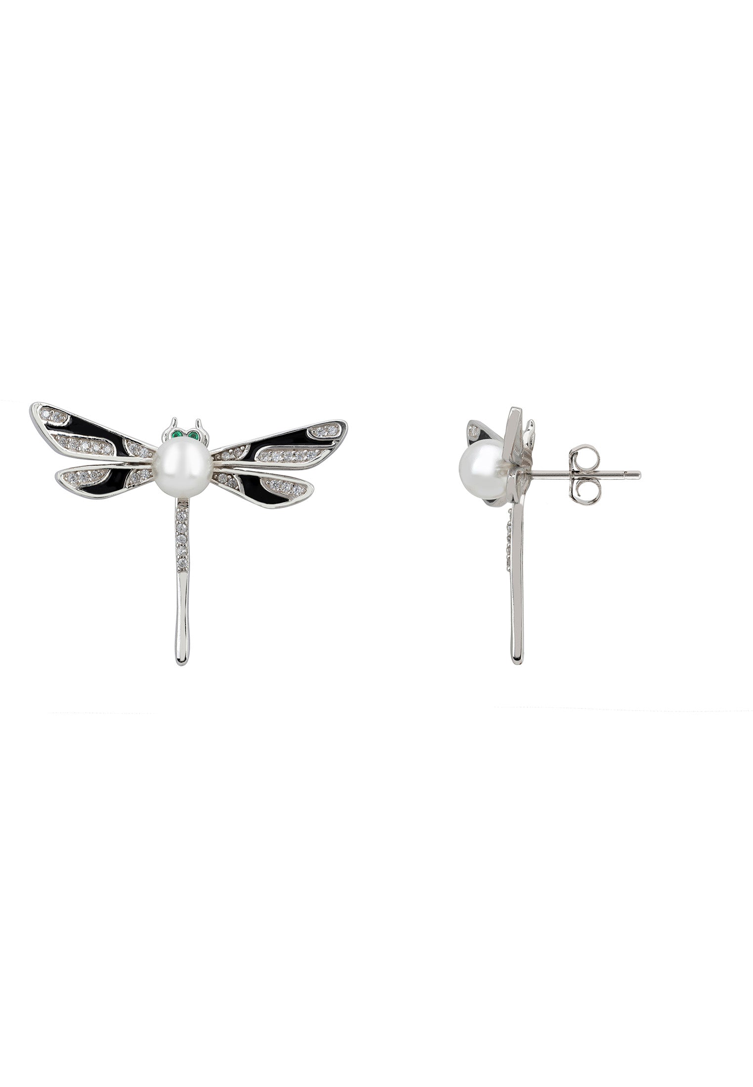 Dragonfly Pearl And Enamel Stud Earrings Silver