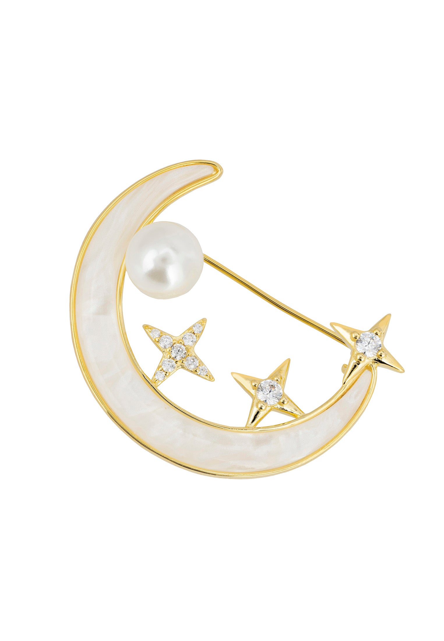 Galileo Mother Of Pearl Moon & Star Brooch Gold