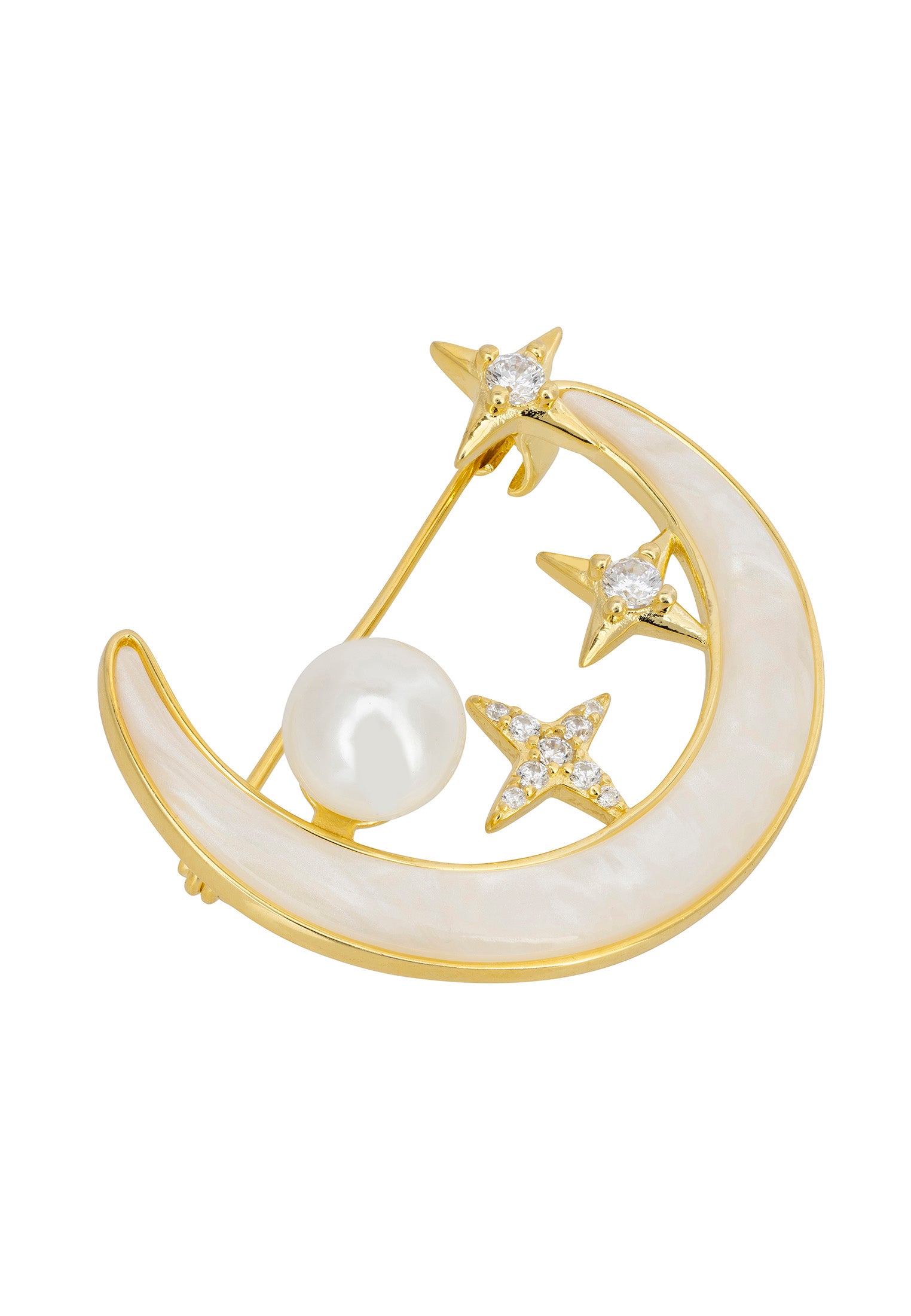 Galileo Mother Of Pearl Moon & Star Brooch Gold