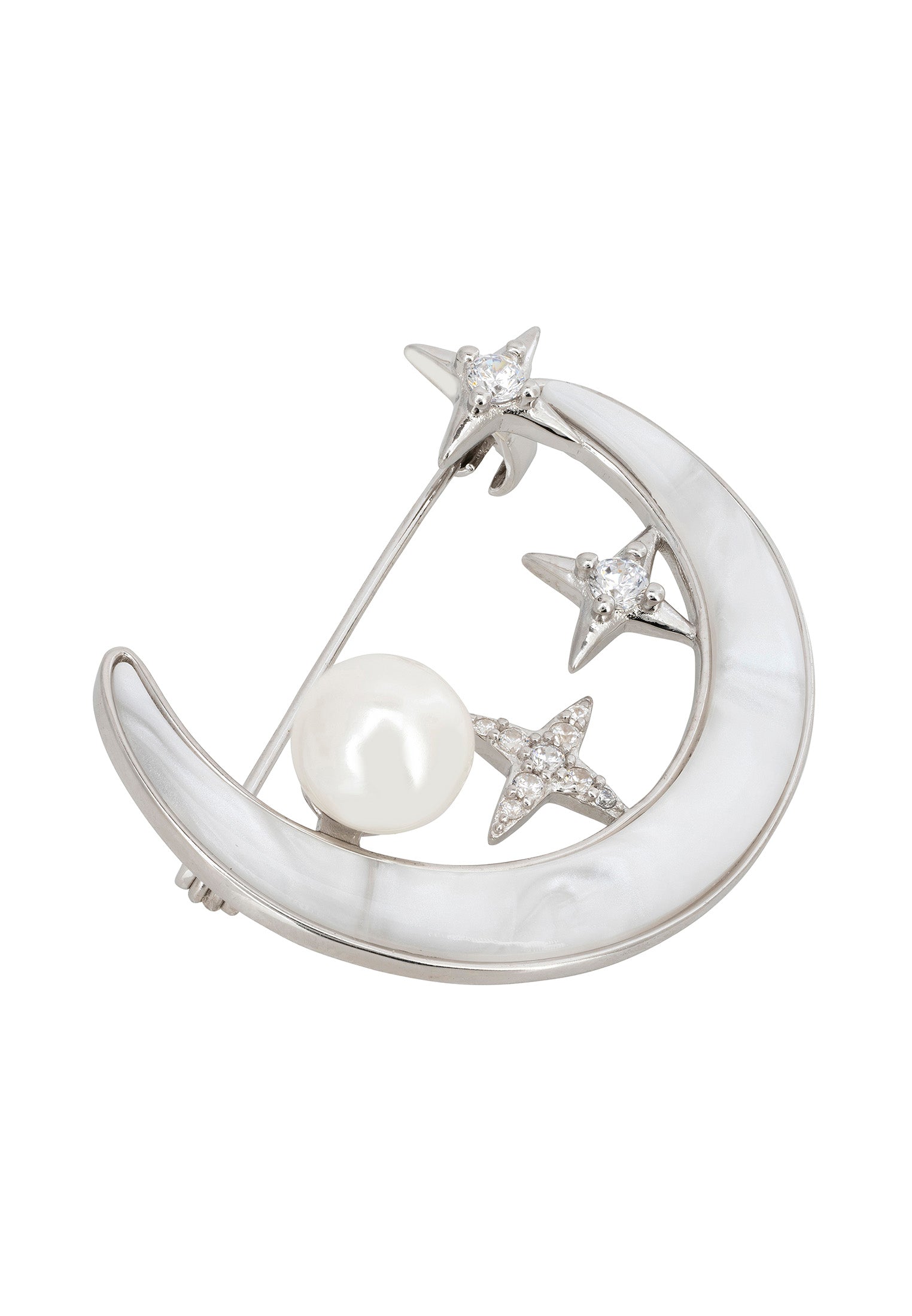 Galileo Mother Of Pearl Moon & Star Brooch Silver