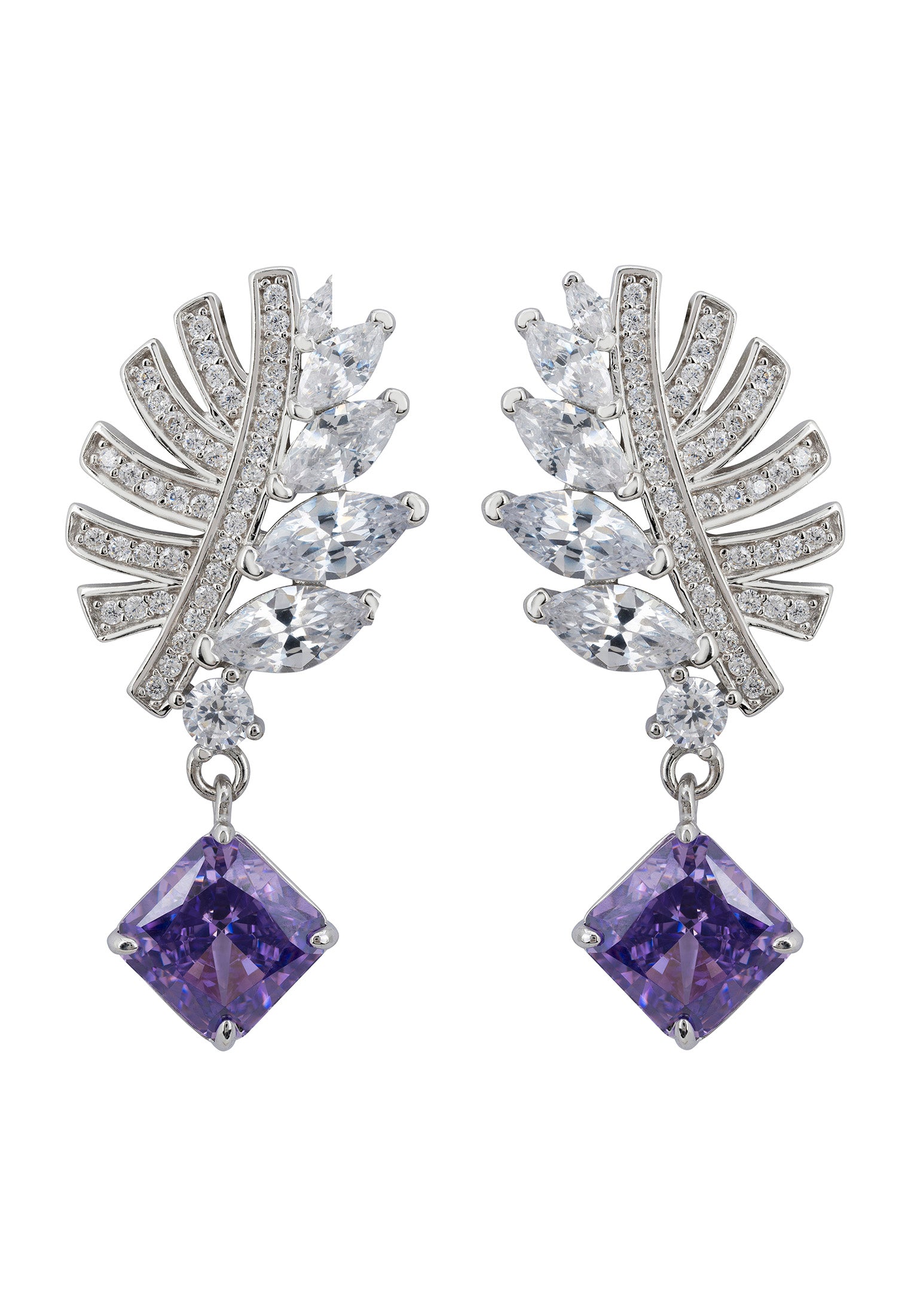 Palm Leaf Amethyst Drop Earrings Silver