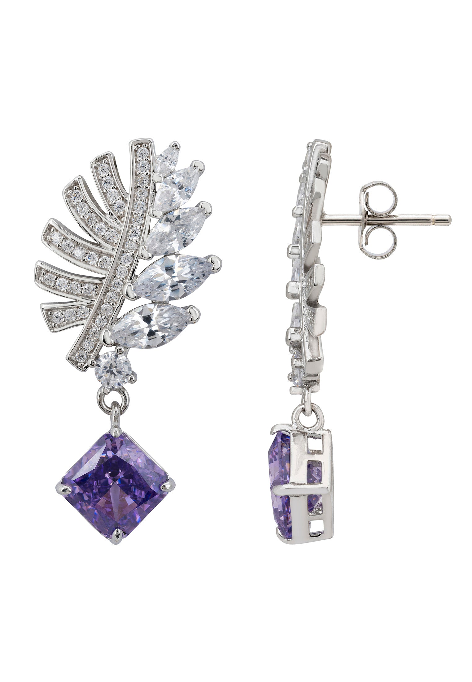 Palm Leaf Amethyst Drop Earrings Silver