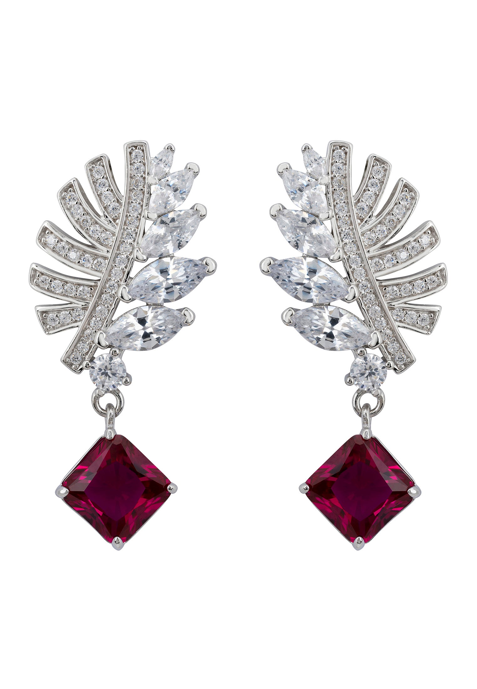 Palm Leaf Ruby Drop Earrings Silver