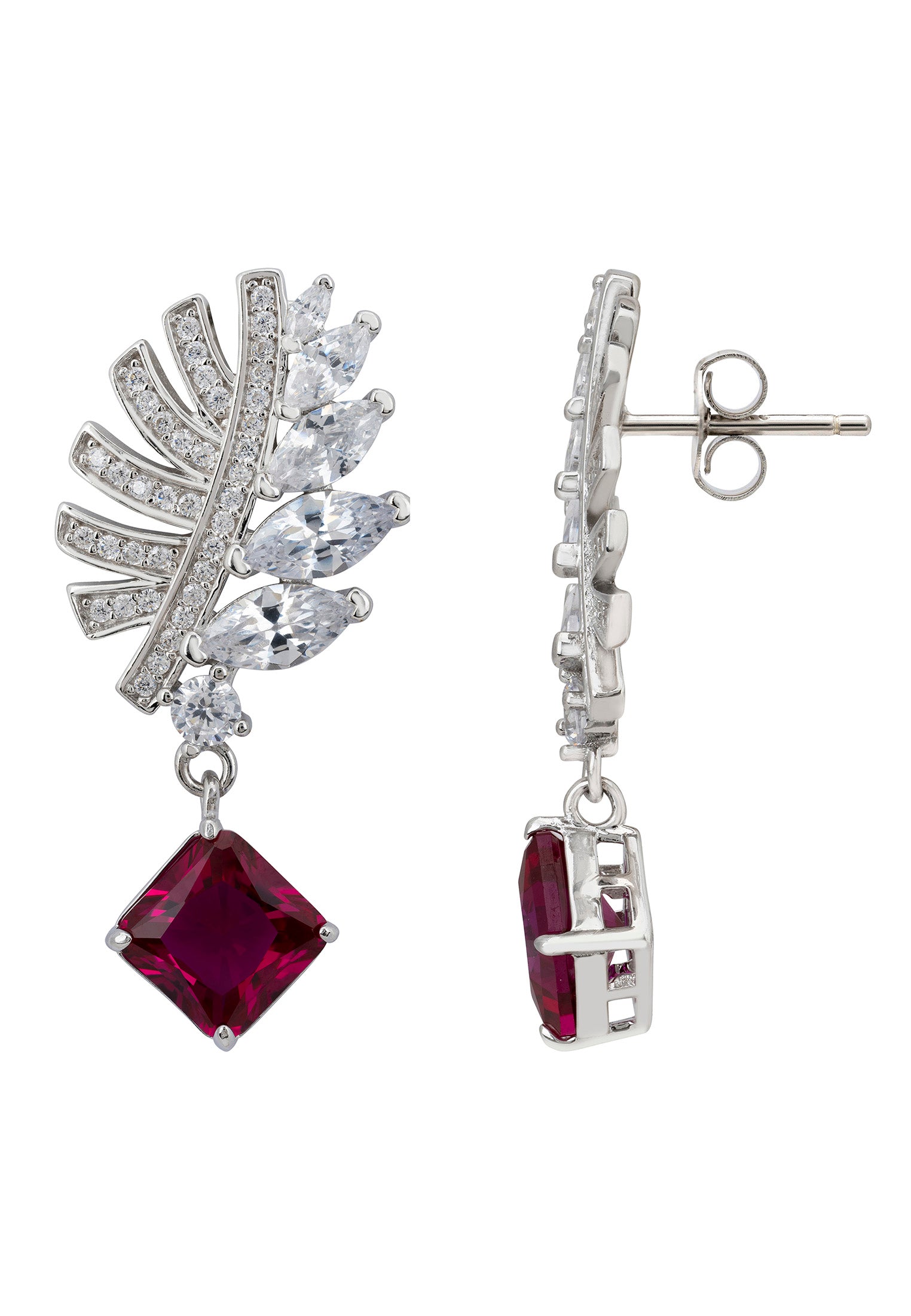 Palm Leaf Ruby Drop Earrings Silver