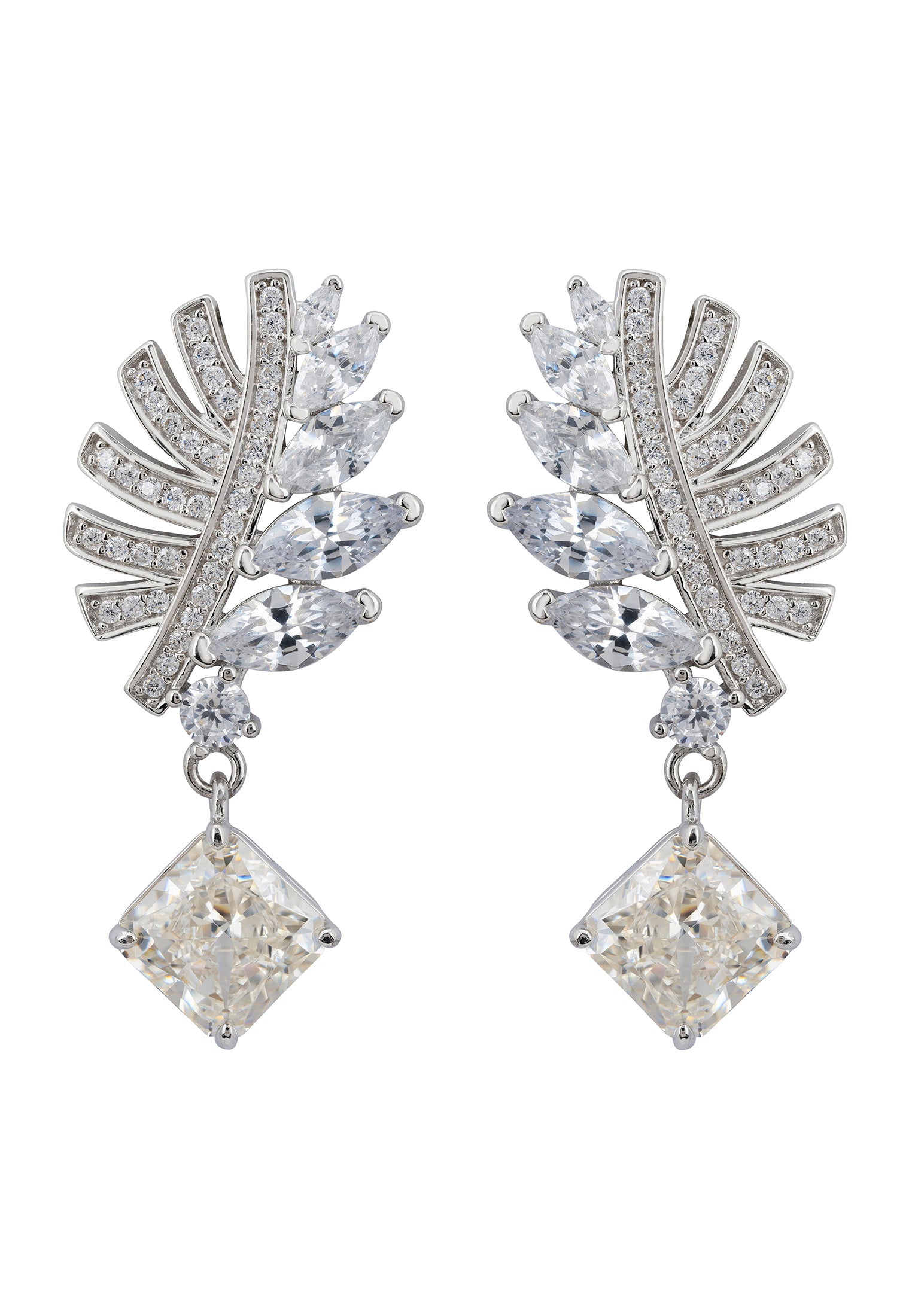 Palm Leaf Moissanite Drop Earrings Silver