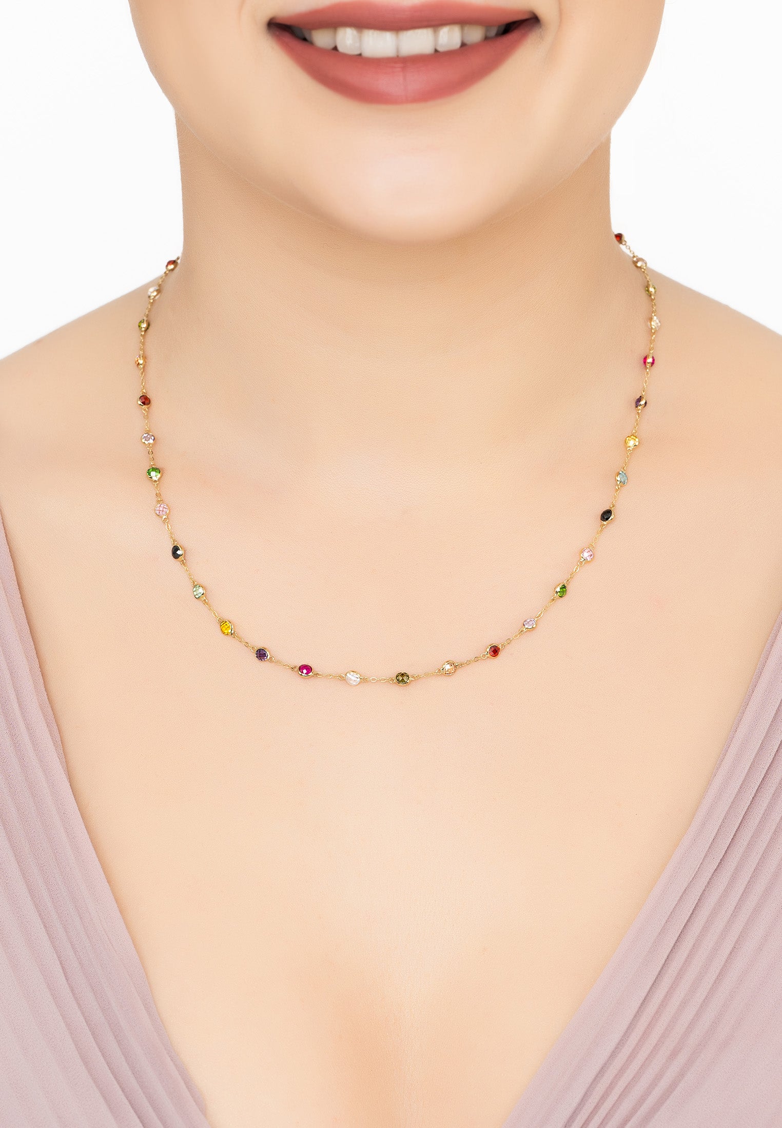 Solid 14K Gold Rainbow Multi Gemstone Necklace