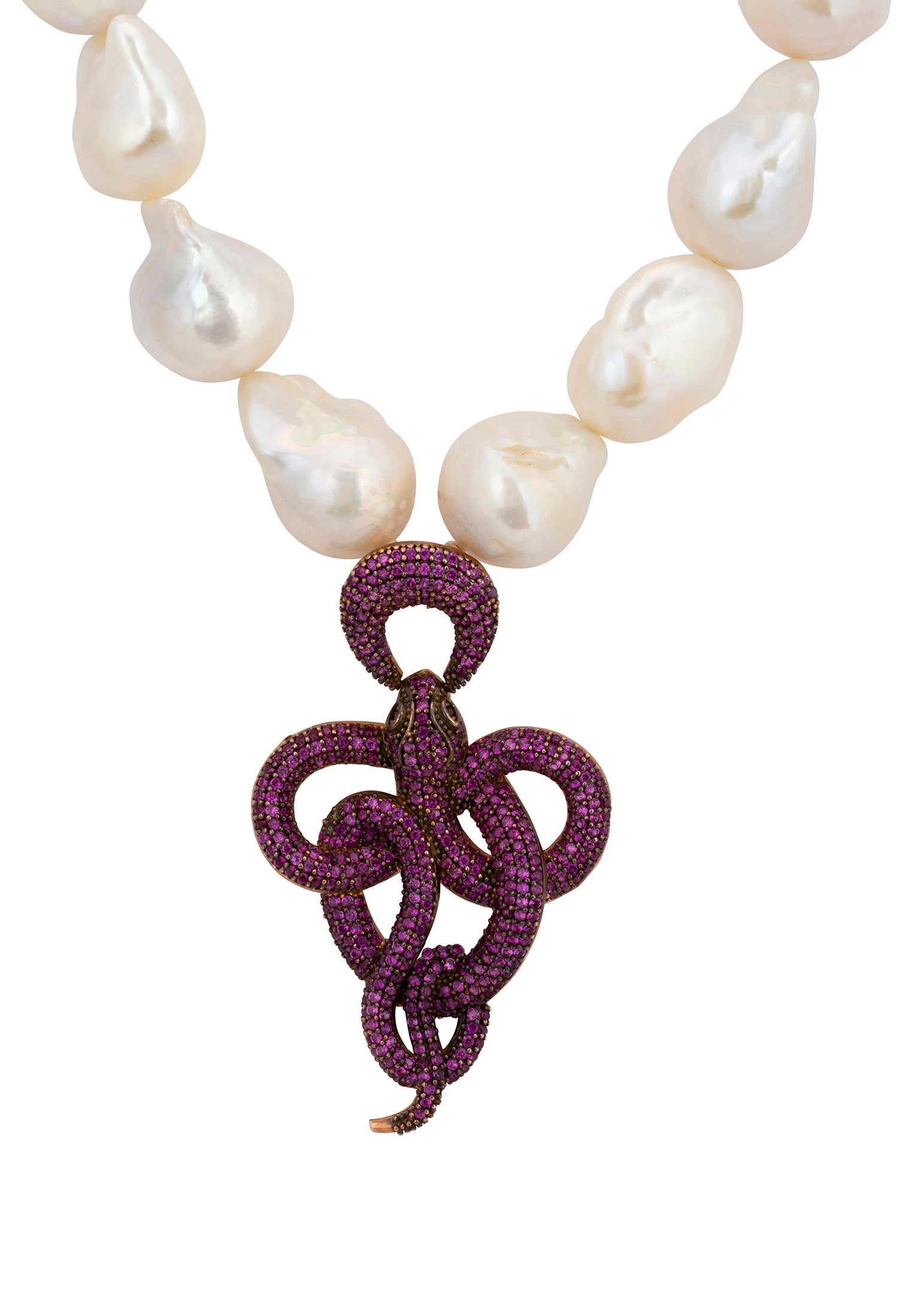 Viper Snake Baroque Pearl Statement Necklace Rosegold Ruby CZ