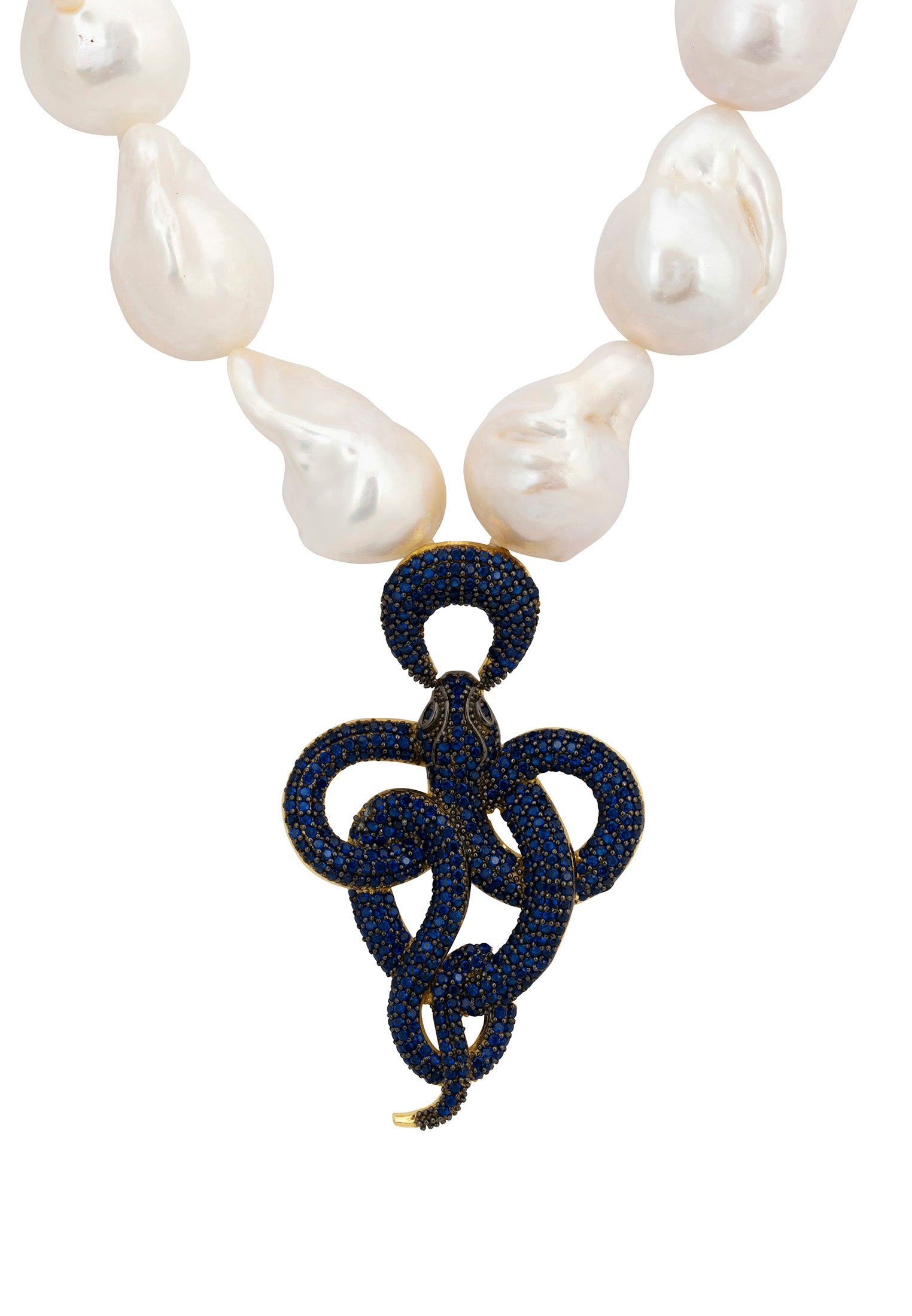 Viper Snake Baroque Pearl Statement Necklace Gold Sapphire CZ