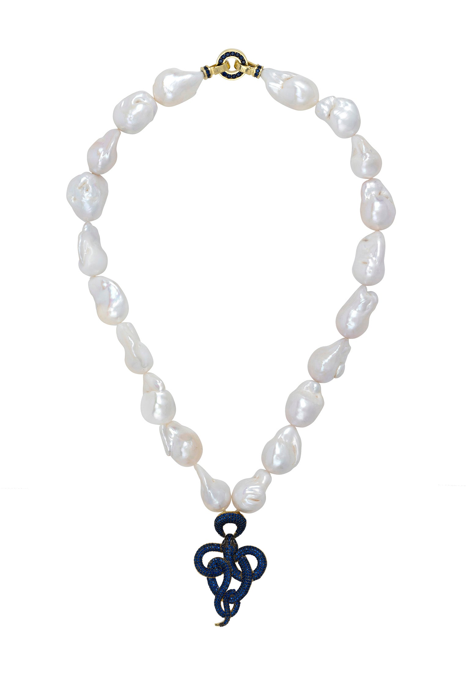 Viper Snake Baroque Pearl Statement Necklace Gold Sapphire CZ