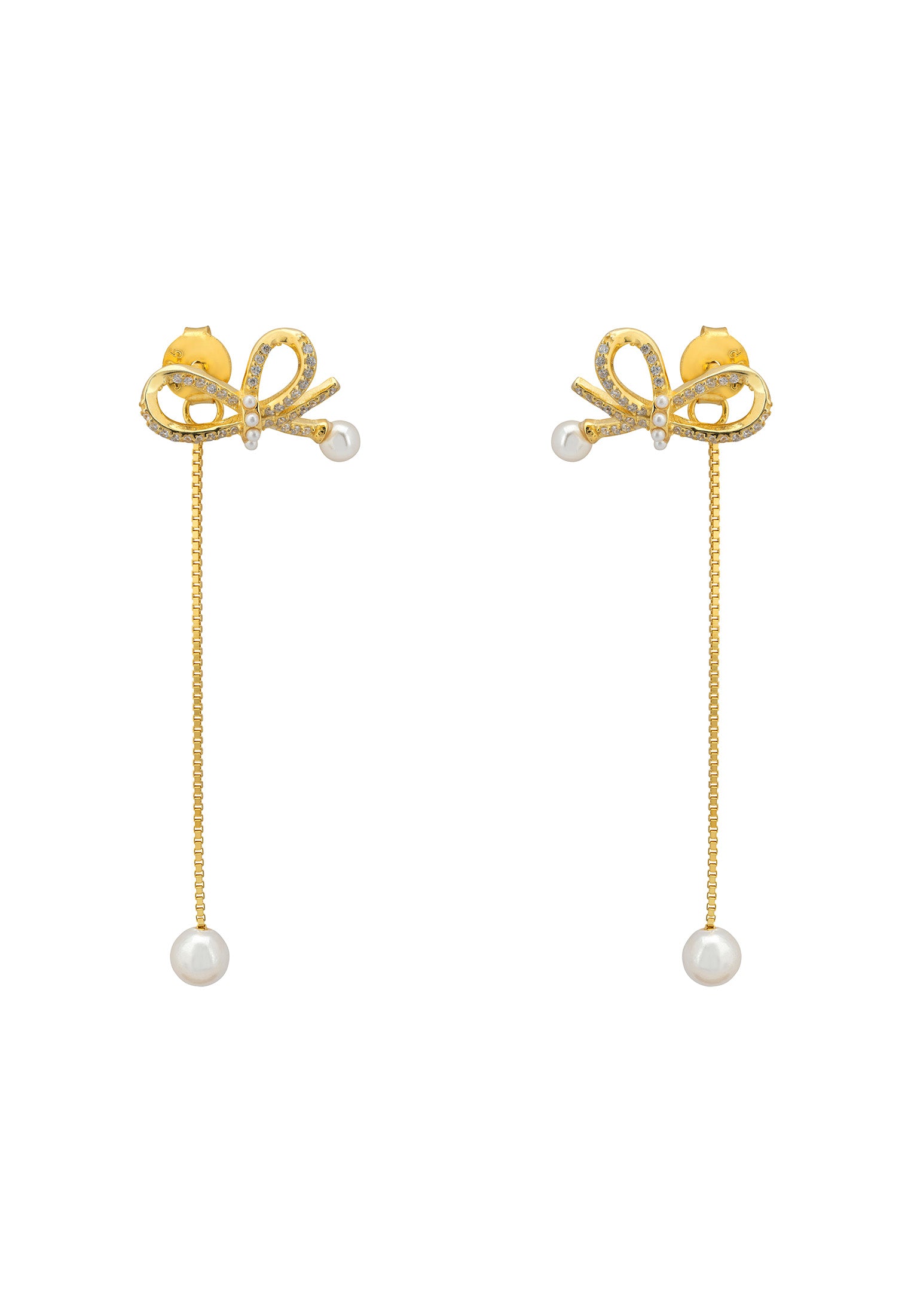 Flowing Ribbon Pearl Drop Earrings Gold