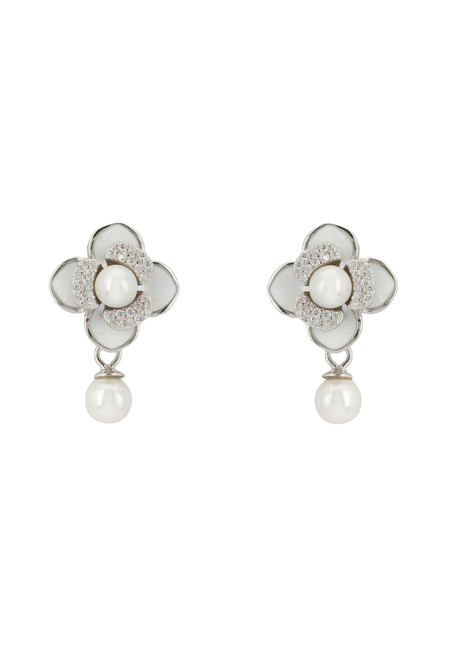 Clover Petal Pearl Drop Earrings Silver