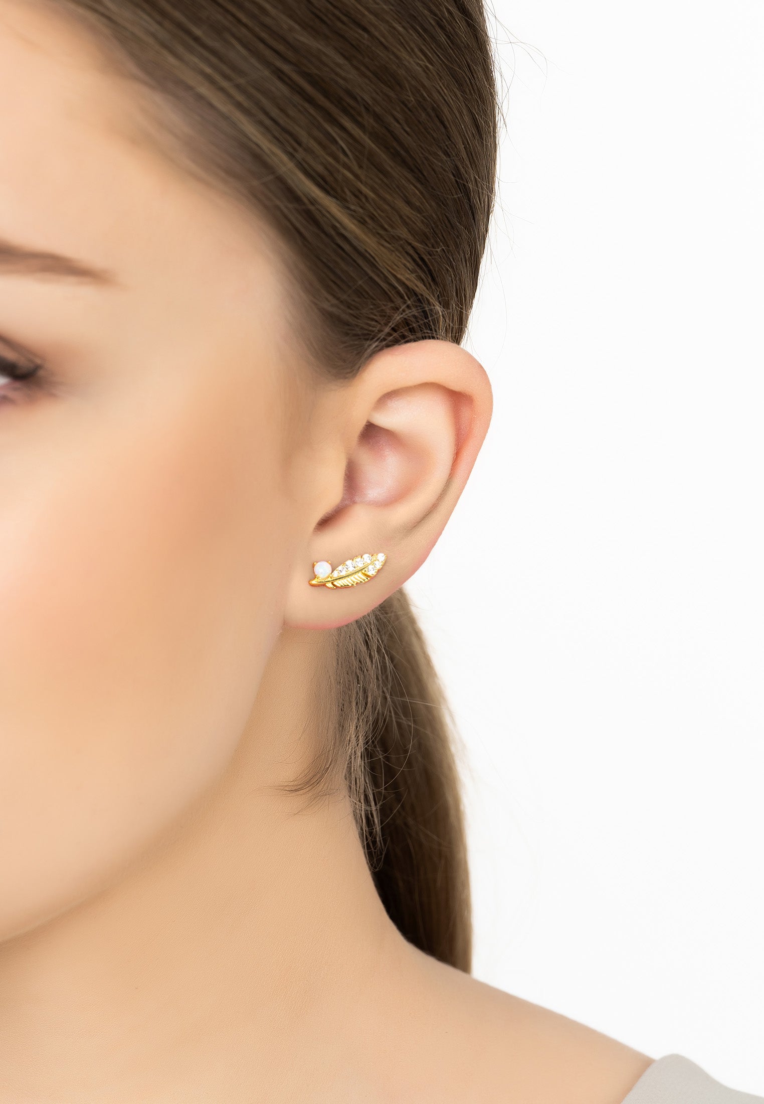 Opal Leaf Stud Earrings Gold