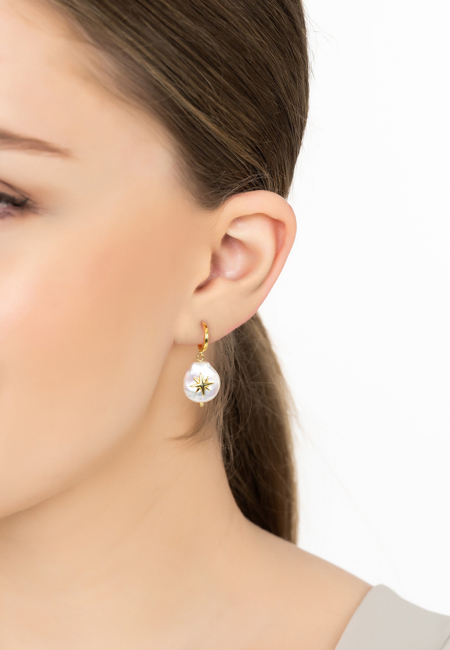 North Star Coin Pearl Drop Earrings Gold