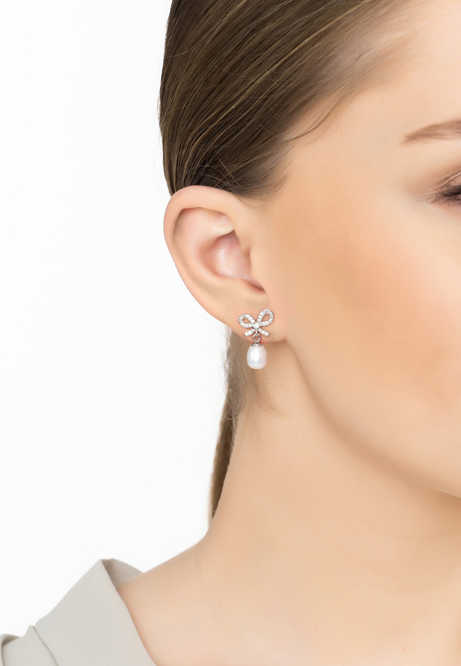 Petite Bow Pearl Drop Earrings Silver