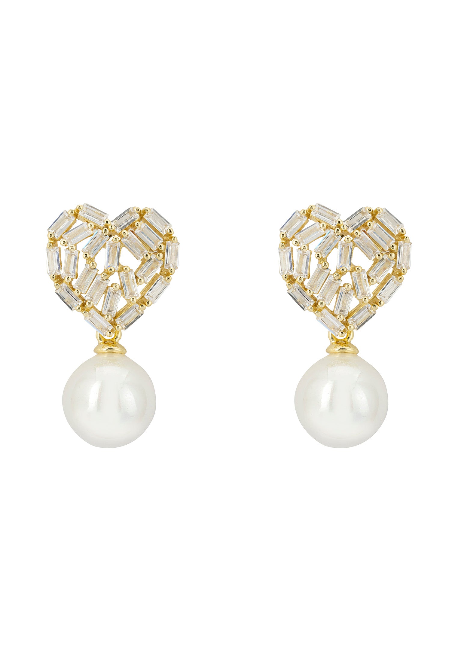 Pendientes colgantes clásicos con perlas y corazón de baguette en oro
