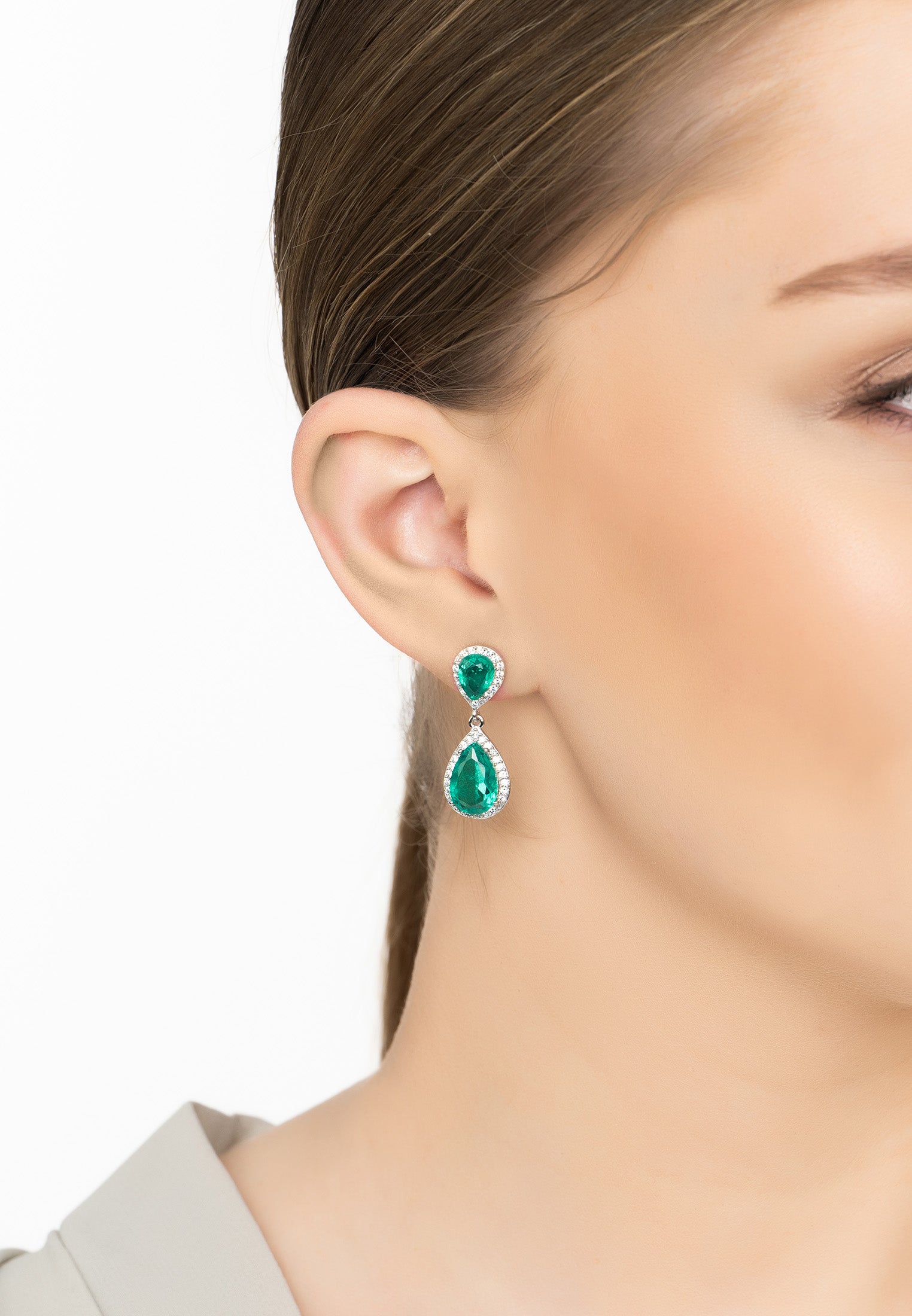 Odette Teardrop Colombian Emerald Earrings Silver