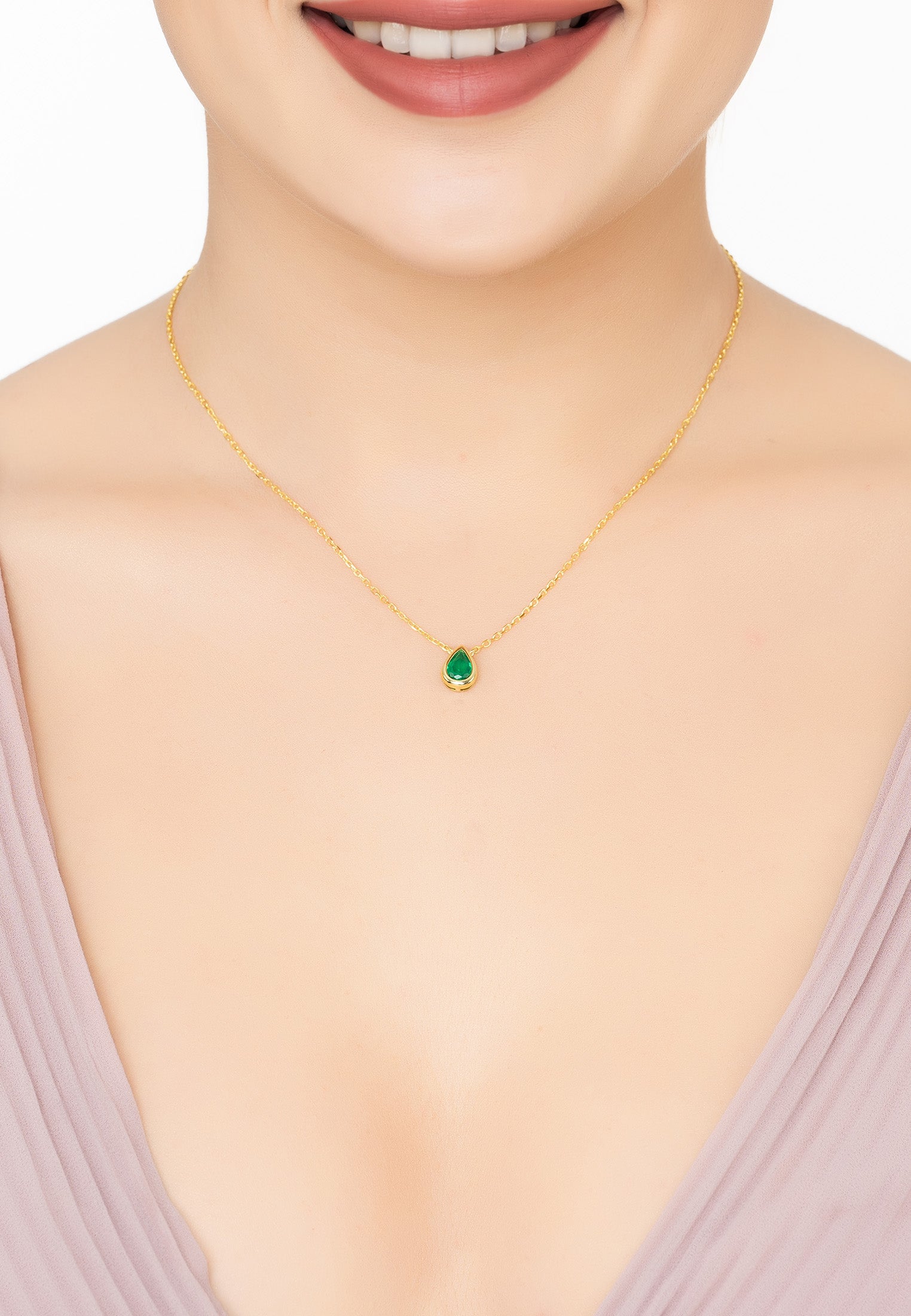 Harriett Mini Teardrop Colombian Emerald Pendant Necklace Gold