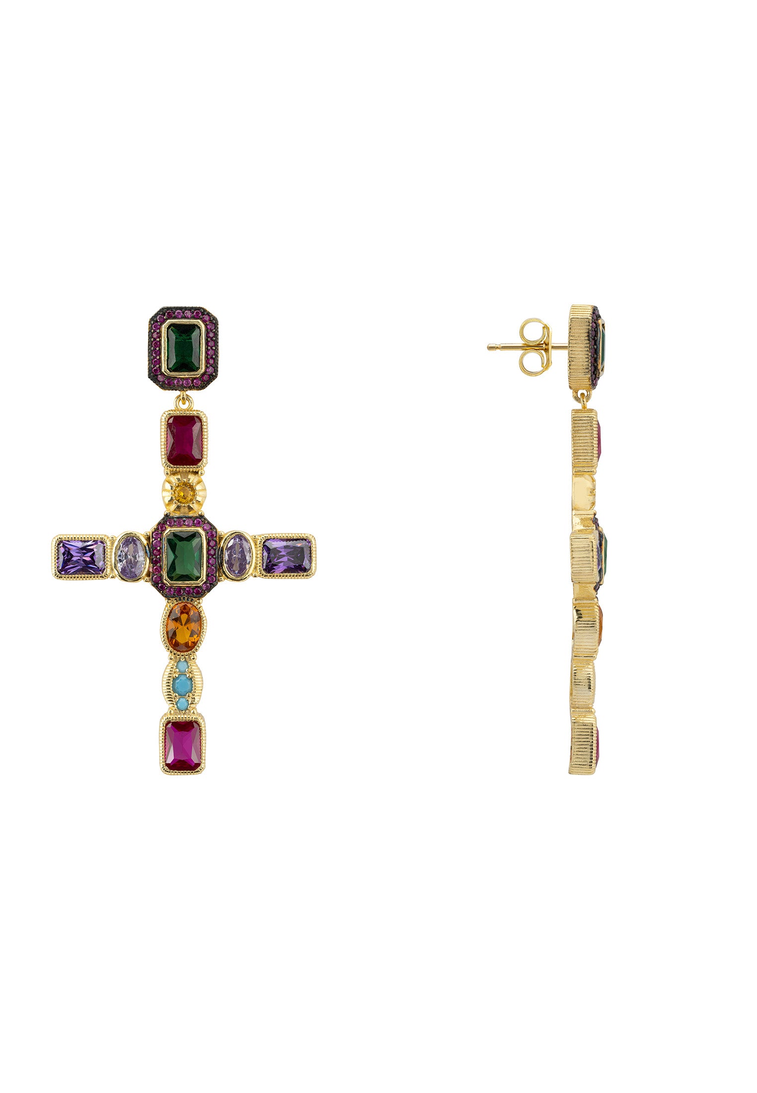 Santa Maria Extra Large Gemstone Cross Earrings Gold