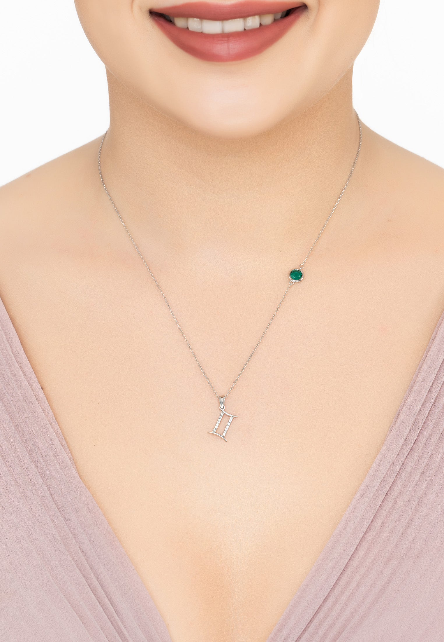 Zodiac Birthstone Gemini Necklace Emerald Silver