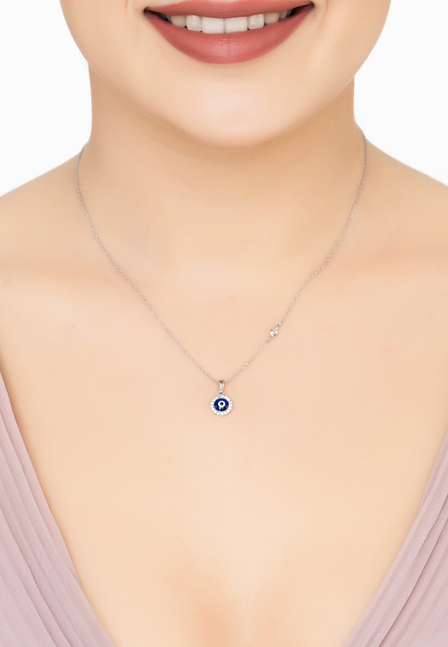 Evil Eye Dark Blue Enamel Pendant Necklace Silver