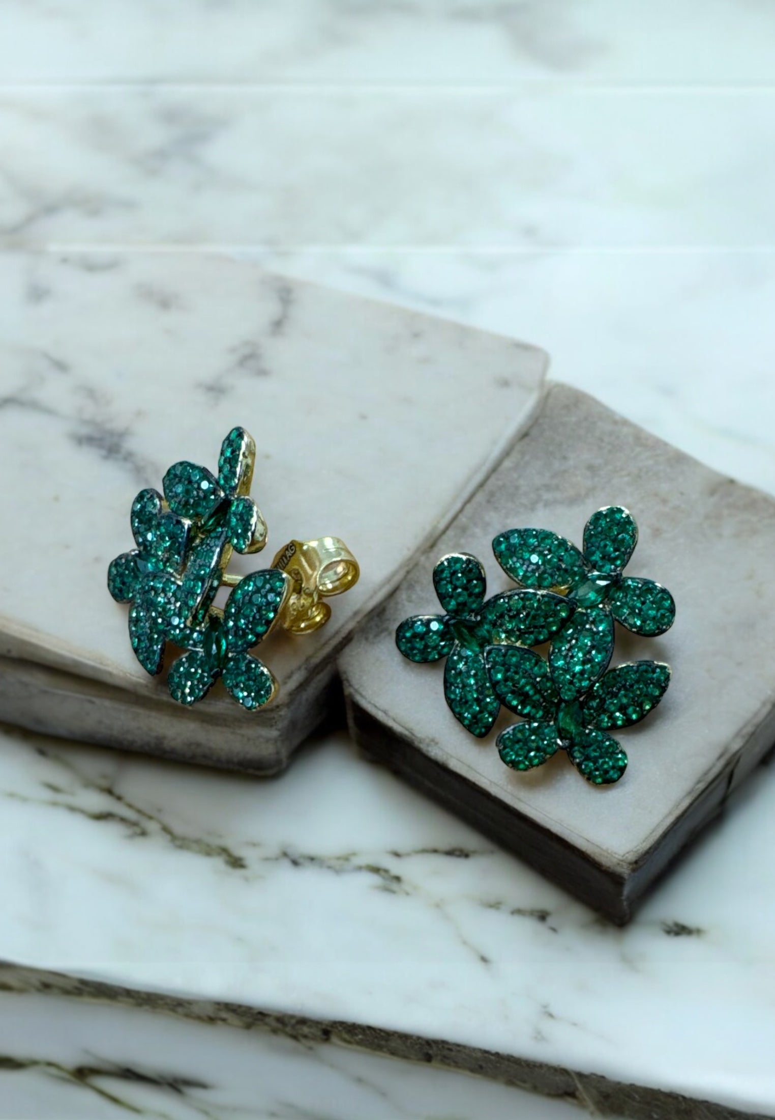 Flowers Large Stud Earrings Gold Emerald Green