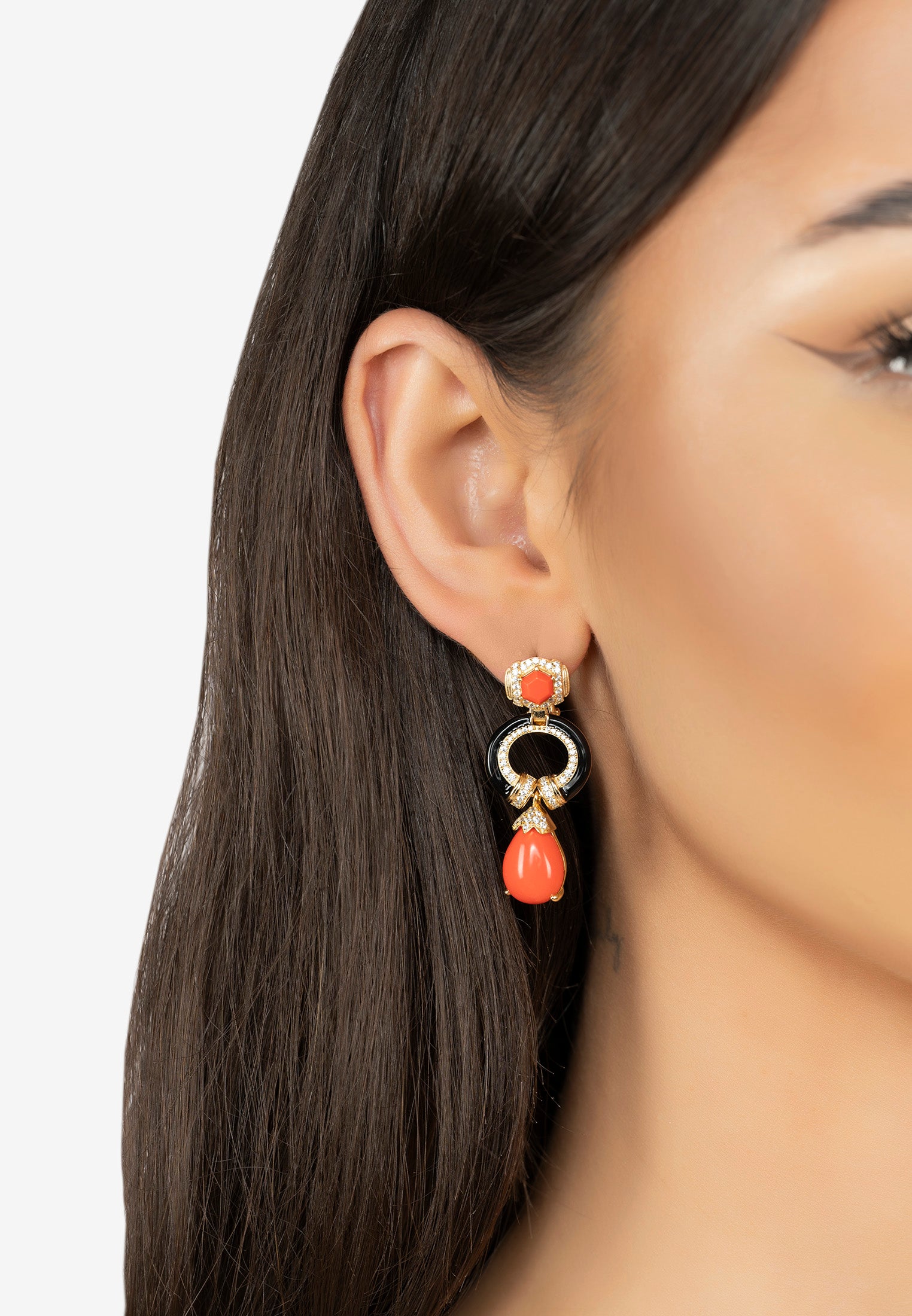 Clara Bow Coral & Enamel Drop Earrings Gold