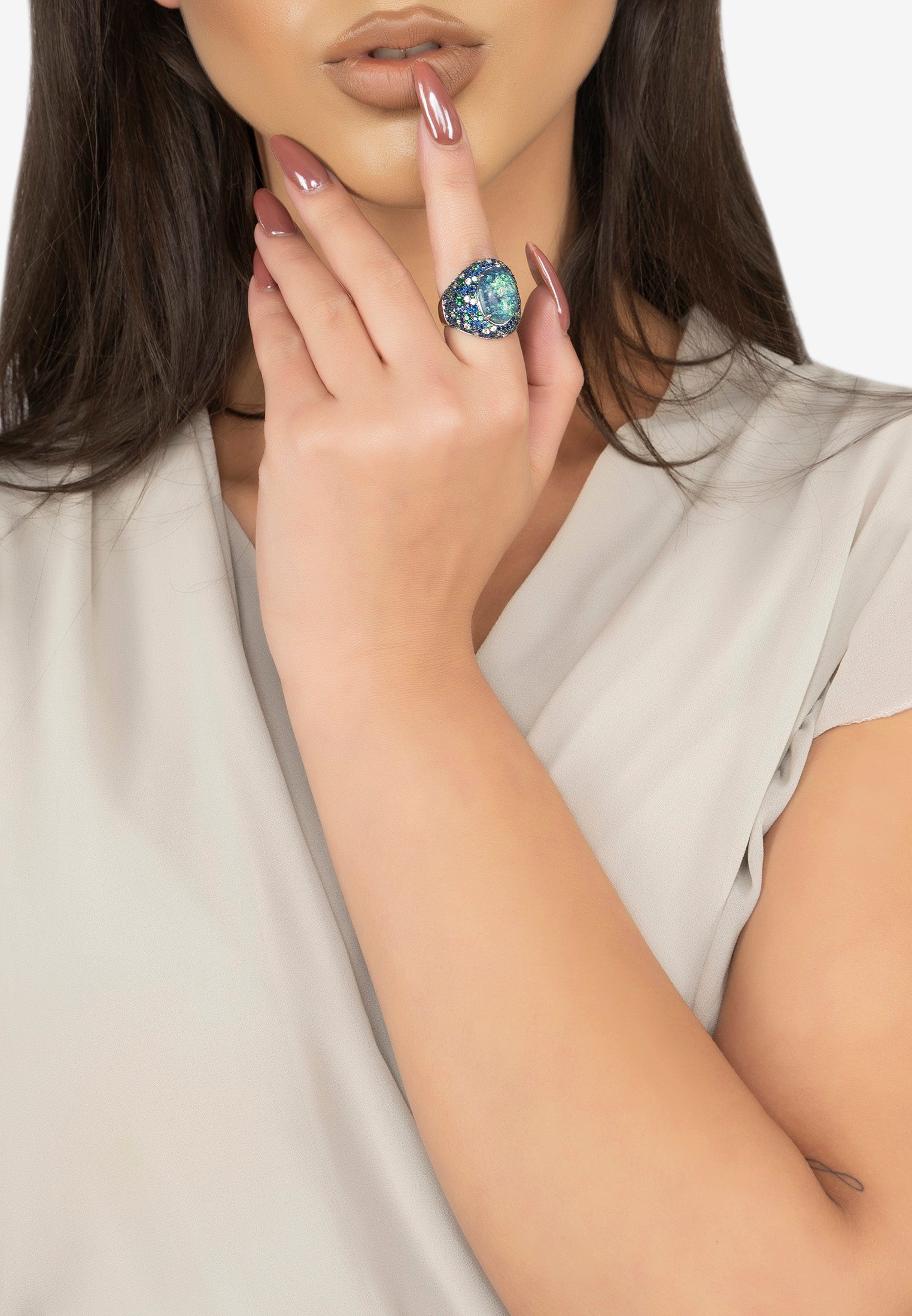 Esmeralda Opal Cocktail Ring Silver