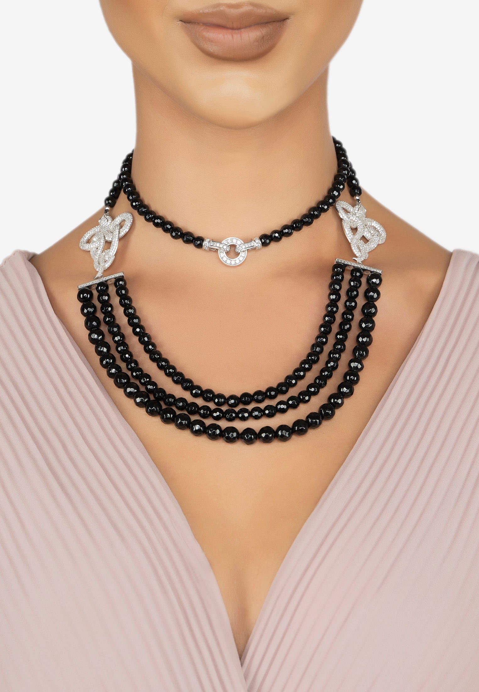 Viper Snake Black Onyx Gemstone Multi-Strand Necklace Silver White Cz