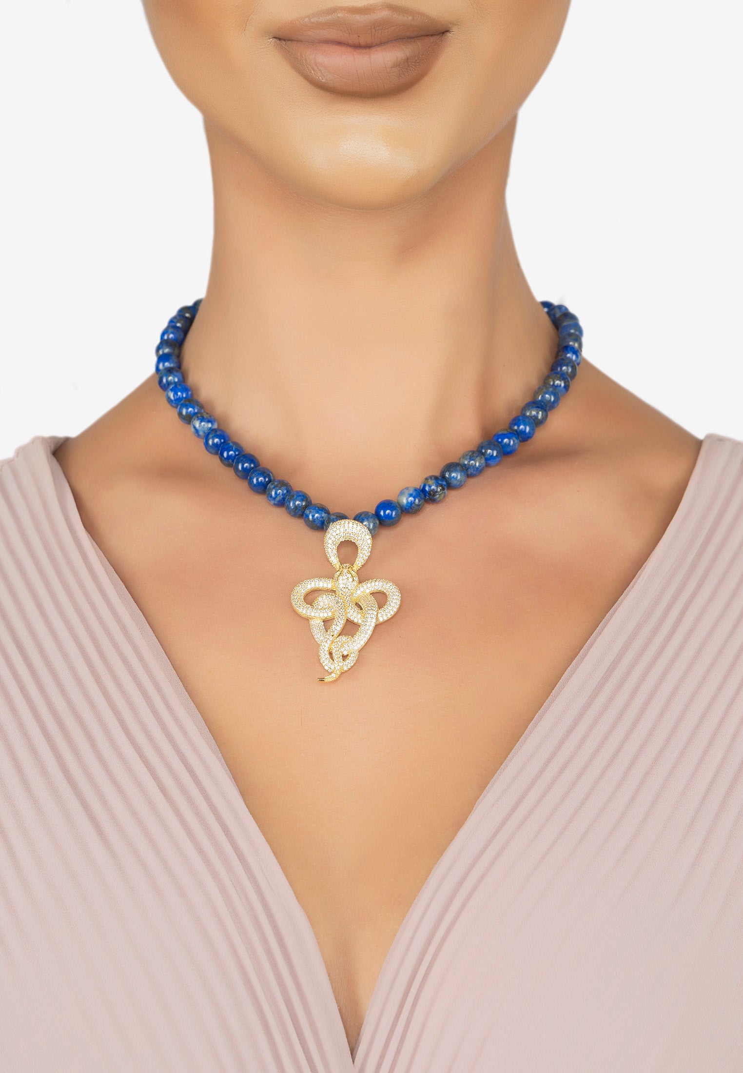 Viper Snake Lapis Lazuli Gemstone Choker Necklace Gold White Cz