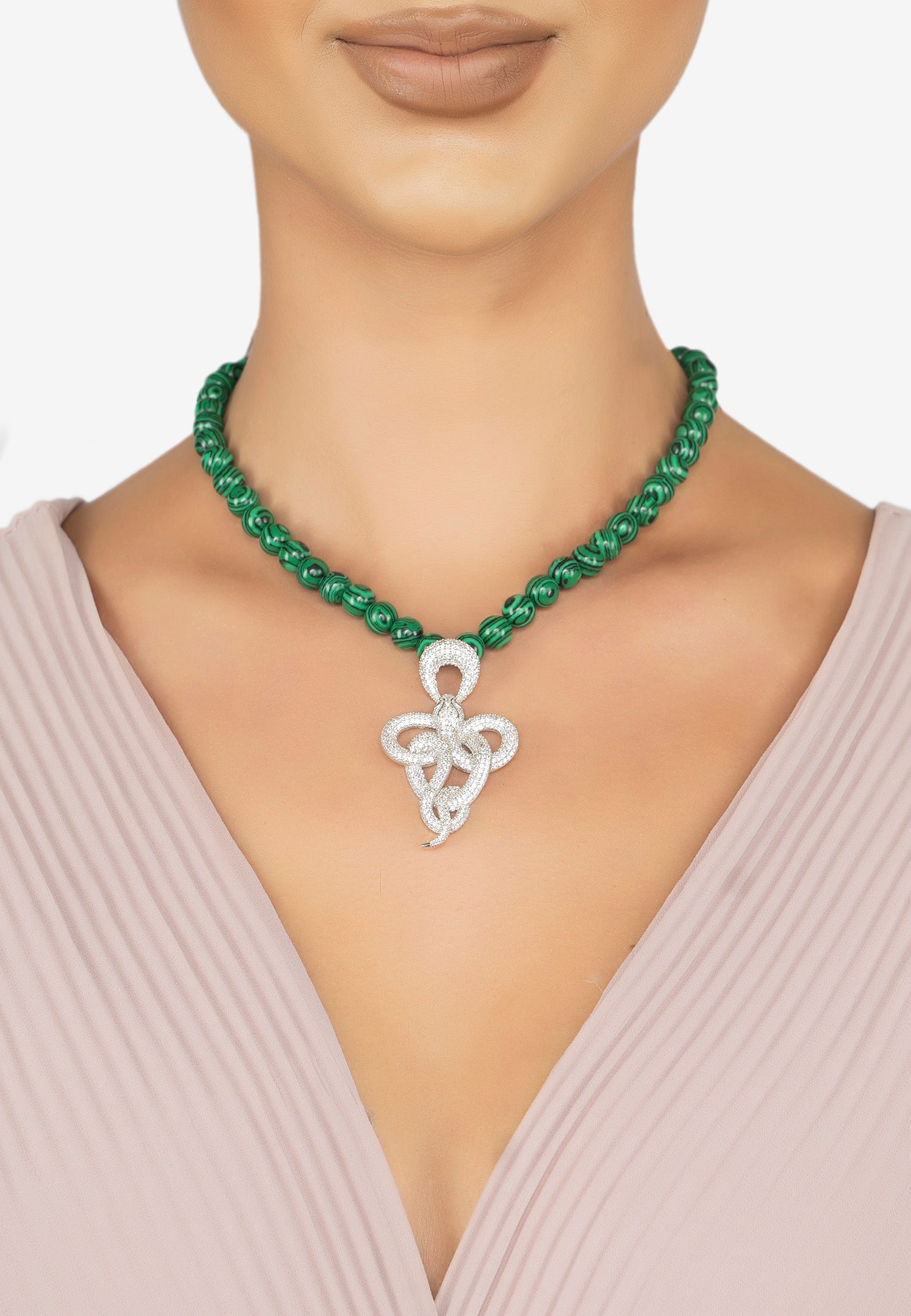 Viper Snake Malachite Gemstone Choker Necklace Silver White Cz