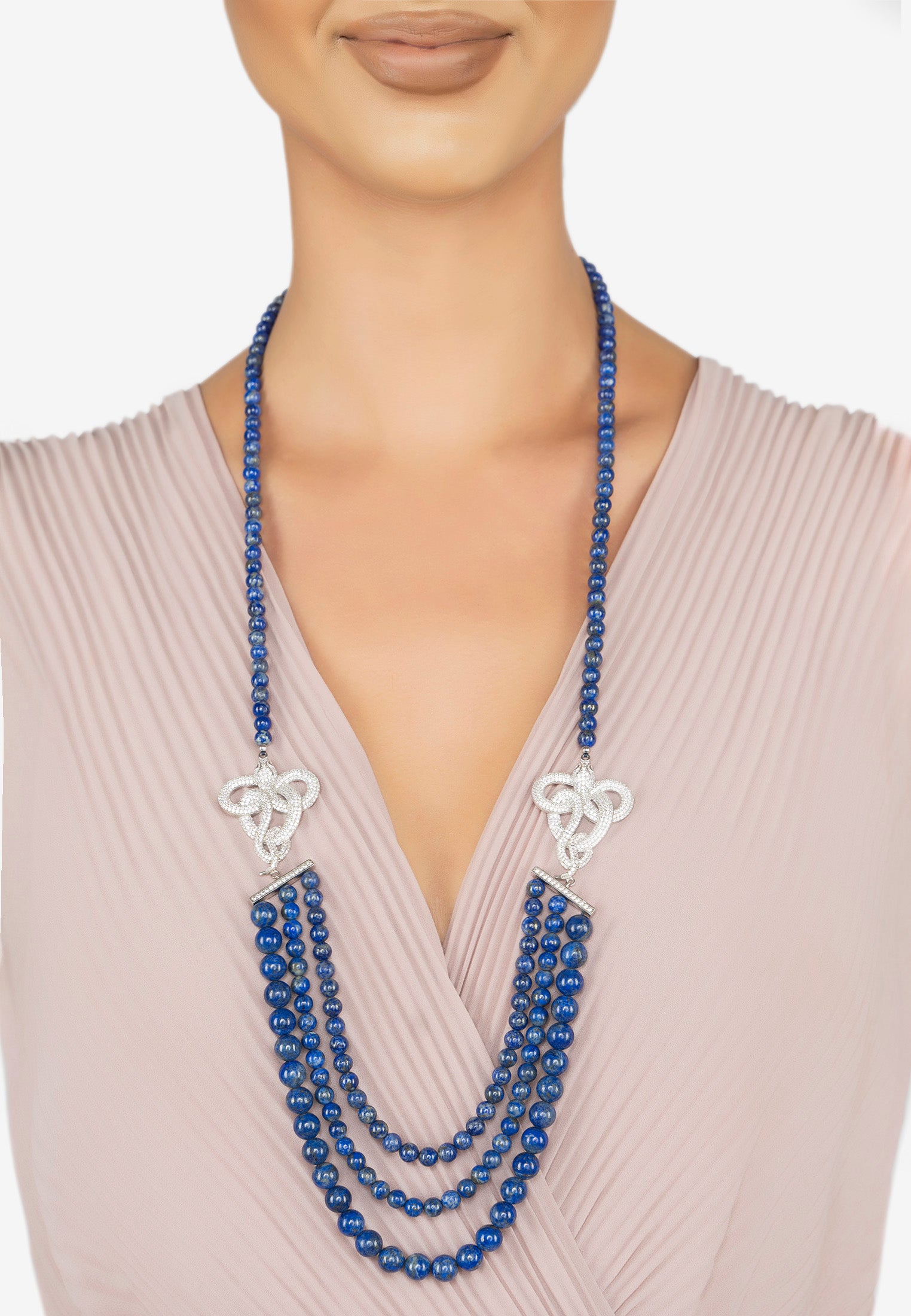 Viper Snake Lapis Lazuli Gemstone Multi-Strand Necklace Silver White Cz