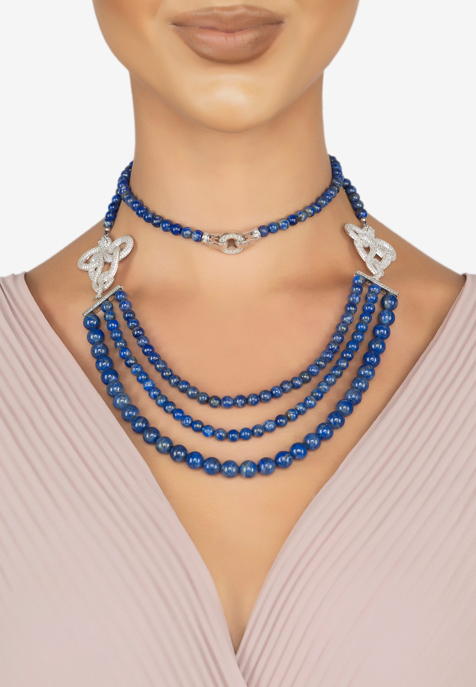 Viper Snake Lapis Lazuli Gemstone Multi-Strand Necklace Silver White Cz