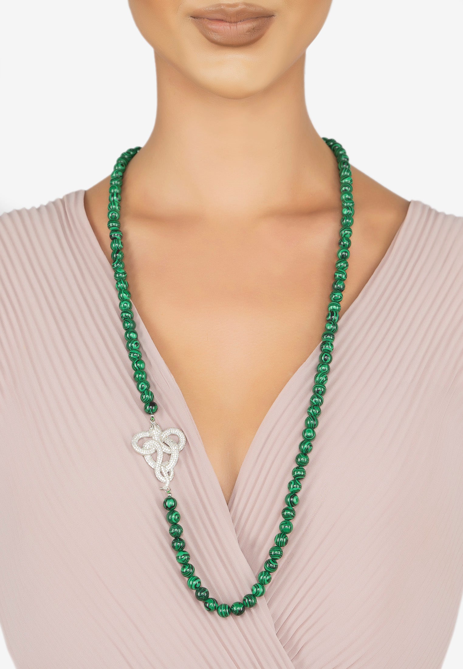 Viper Snake Malachite Gemstone Long Necklace Silver White Cz