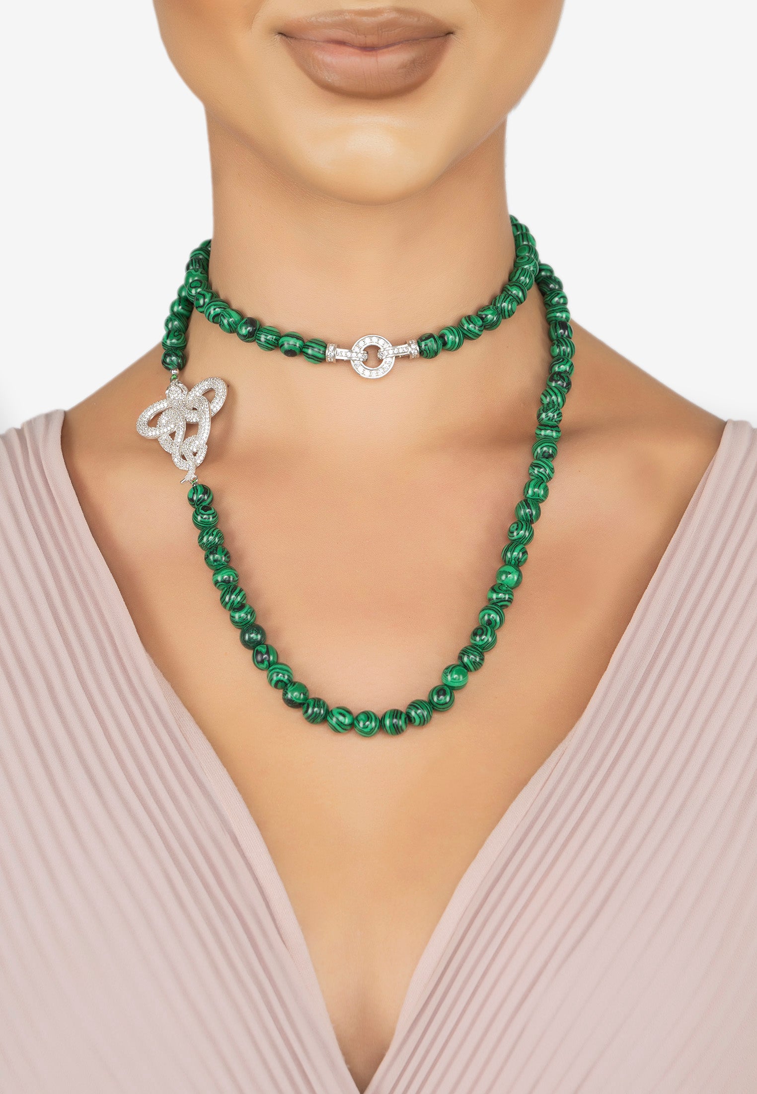 Viper Snake Malachite Gemstone Long Necklace Silver White Cz