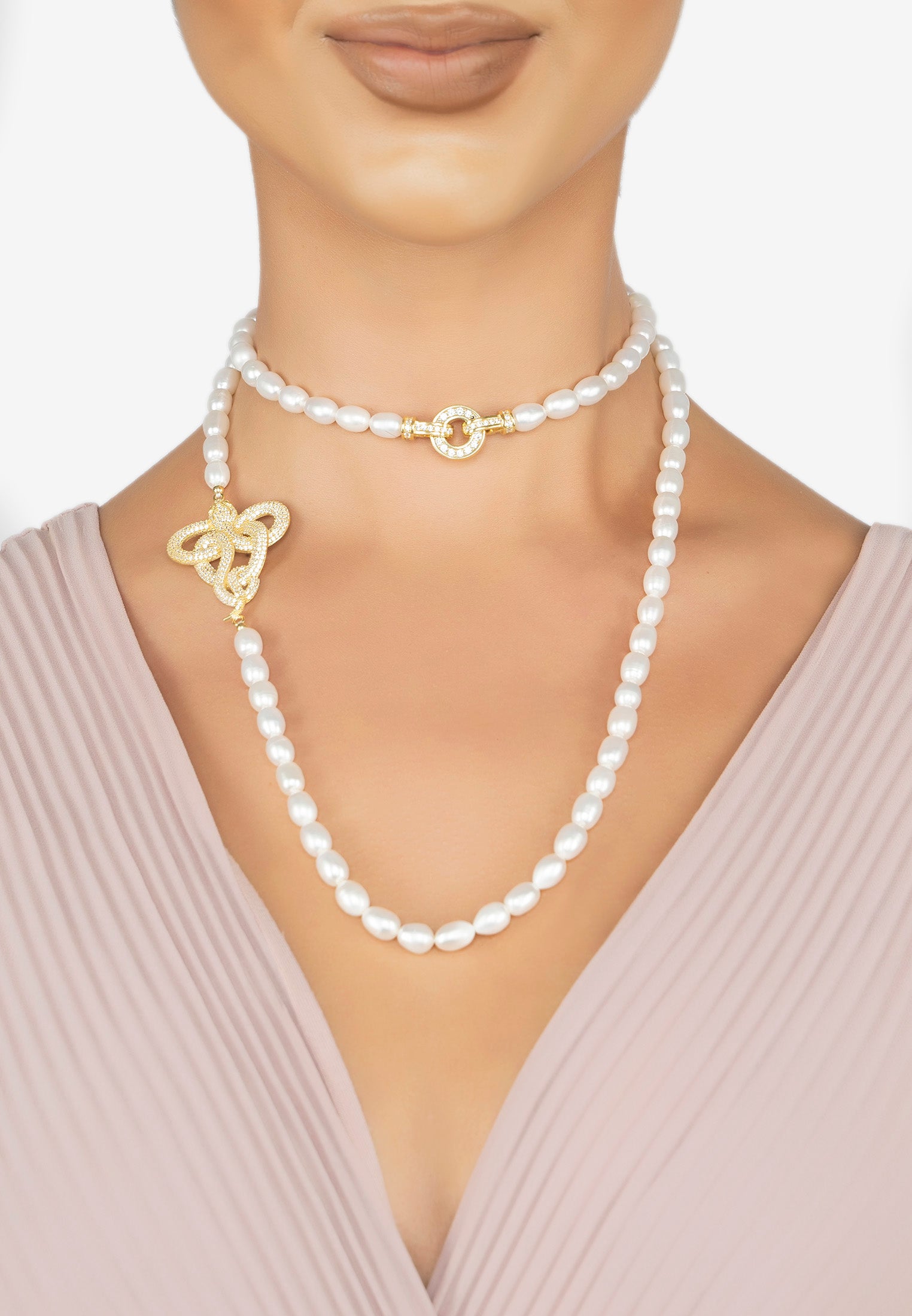 Viper Snake Pearl Gemstone Long Necklace Gold White Cz