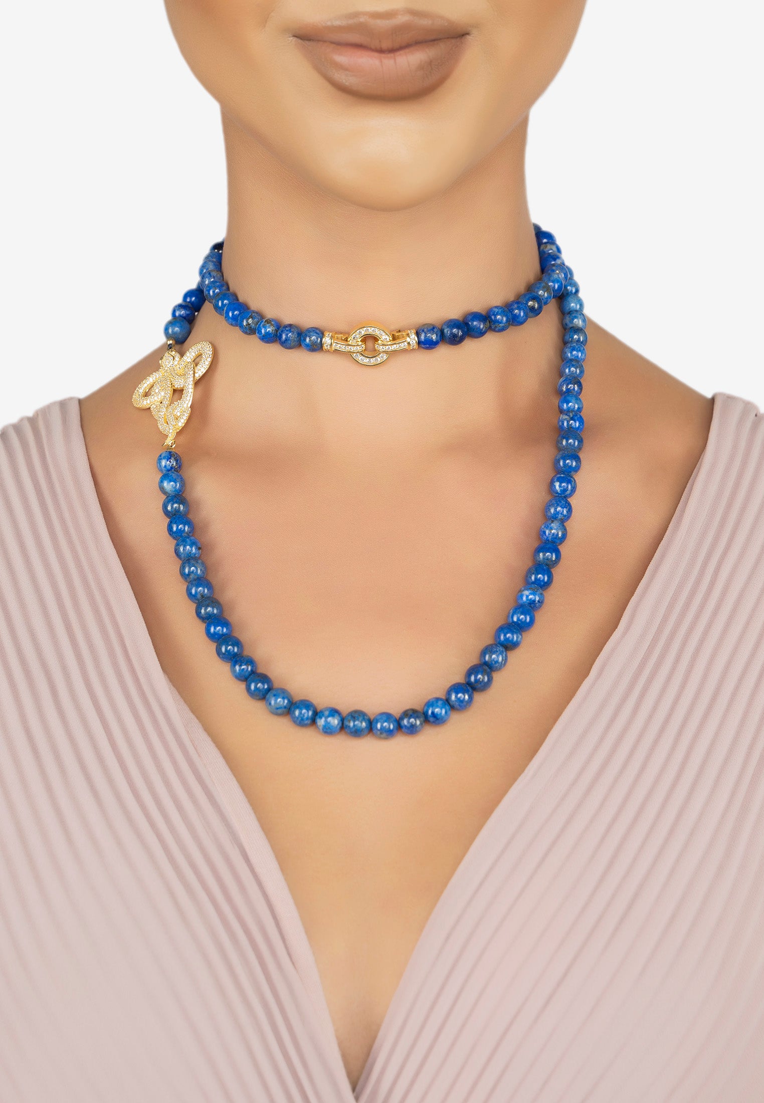 Viper Snake Lapis Lazuli Gemstone Long Necklace Gold White Cz